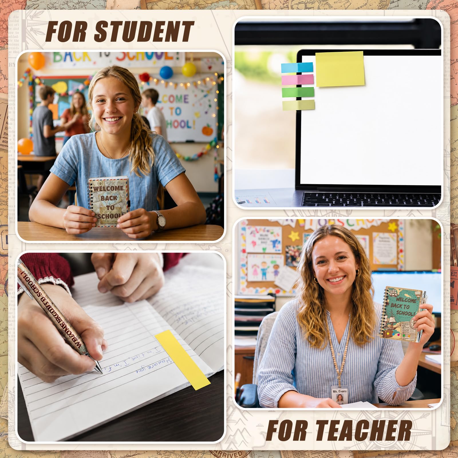 Dunzoom Lot de 40 carnets à spirale en vrac avec notes adhésives et stylos de motivation pour le premier jour d'école - Cadeau de fête pour enseignant, étudiant, salle de classe (voyage sur la carte)