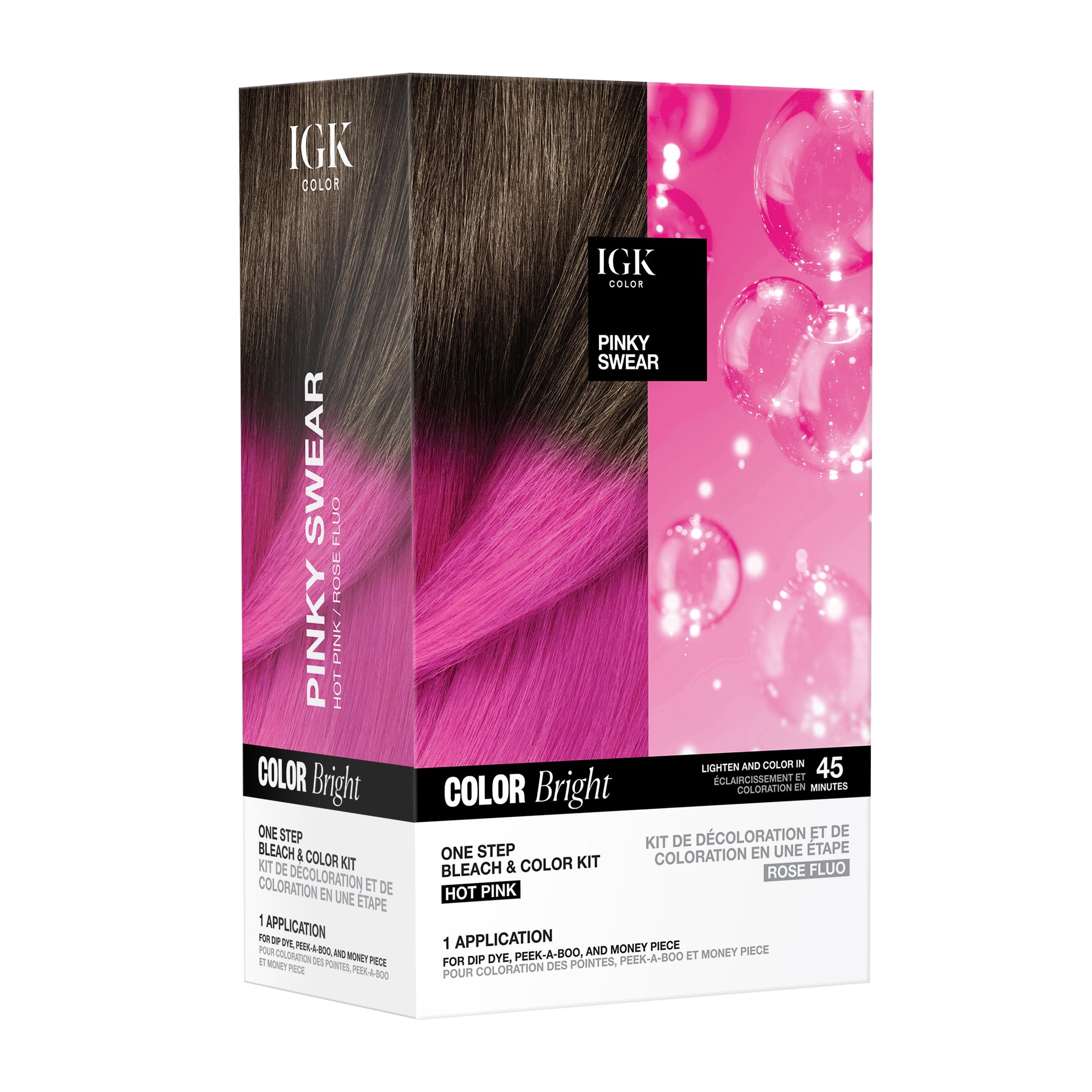 IGK Color Bright One Step Bleach & Color Kit for Accent Pieces PINKY SWEAR - Hot Pink | One-Step Color Processing + Replenishes + Hydrates | Vegan + Cruelty Free + Ammonia Free | 4 Oz