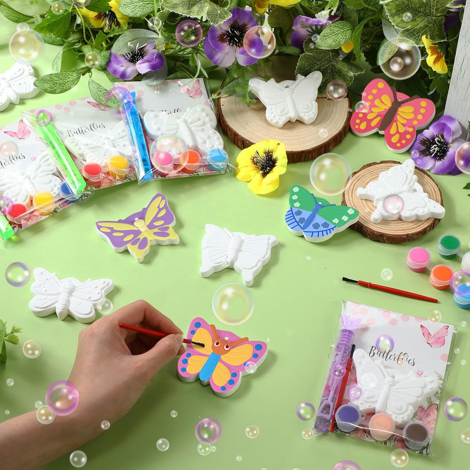Soulchen 24 Sets 220 Pcs Spring Butterfly Ceramics to Paint Kits for Kids Butterfly Painting Craft with Bubble Wand Paint Your Own Ceramic Painting Birthday Goodie Bag Paintable Gift Classroom Prize