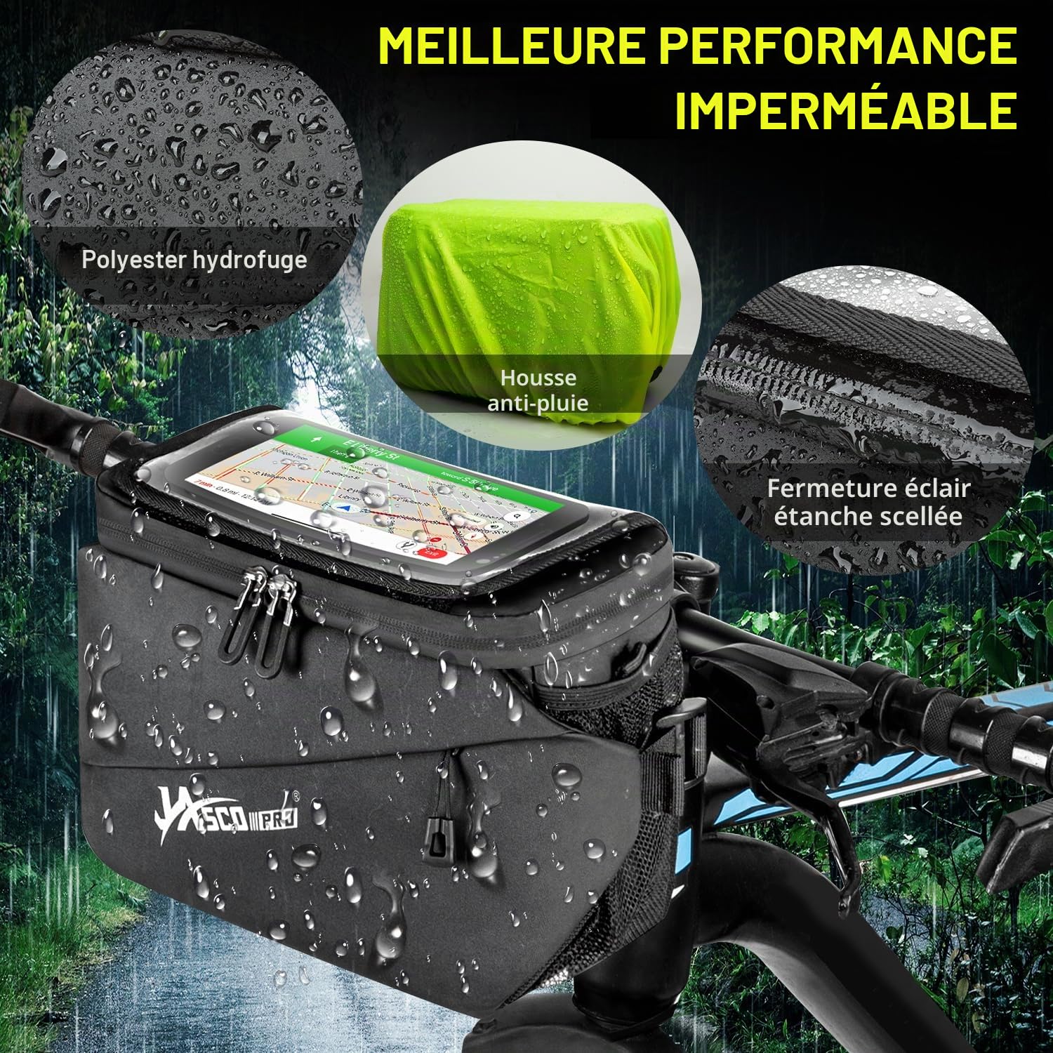 JASCOPRO 3en1 Sacoche Velo Guidon avec Adaptateur, 4.5L | Sac de Rangement Vélo Sacoche de Guidon Vélo Sac de Guidon étanche Sacoche de Guidon de Vélo Sac Avant de Vélo étanche Noir