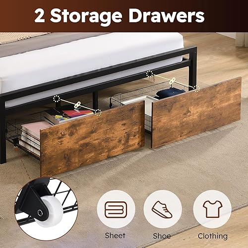 Miniatura 82 de Base de cama de tamaño matrimonial con cabecero, plataforma LED con 4 cajones de almacenamiento, estación de carga integrada, sin ruido, base de
