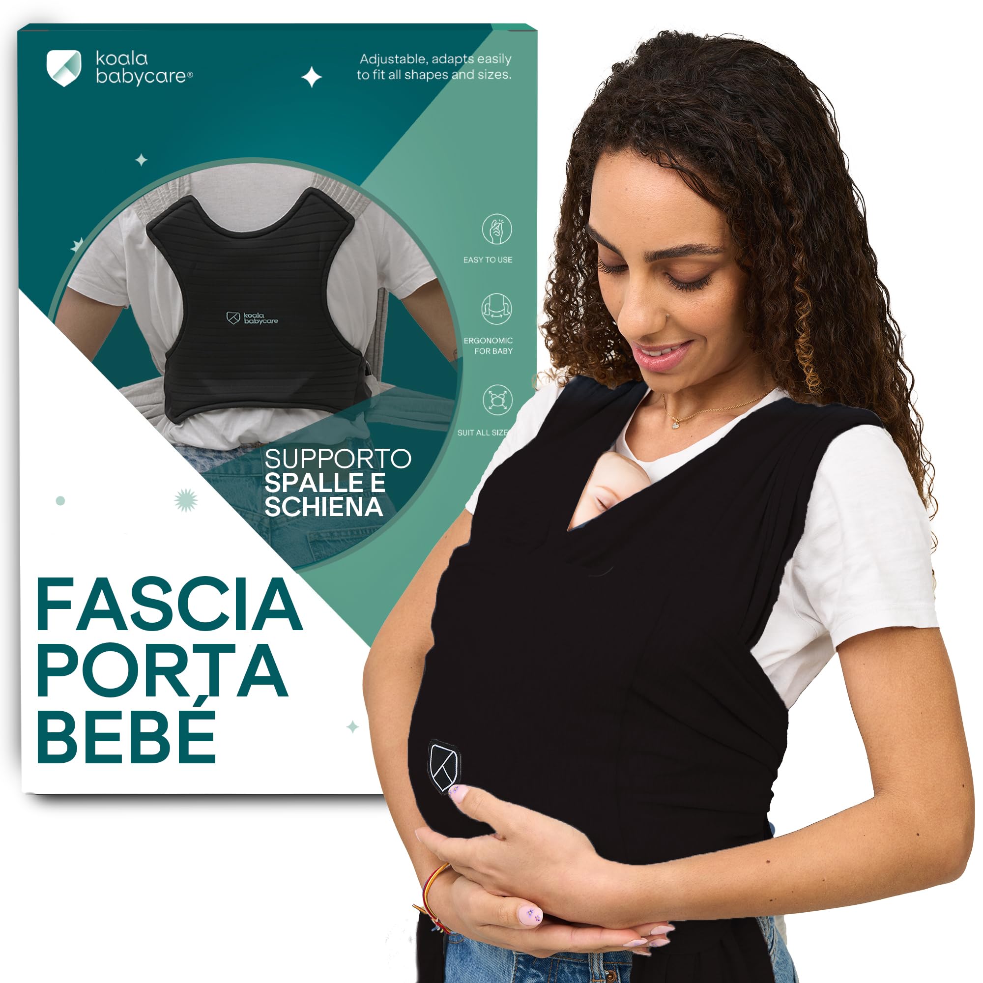 Koala Babycare Fascia Porta Bebe Neonato Facile da Indossare, Regolabile e Unisex - Marsupio Neonati Multiuso Adatto Fino a 9kg - Fascia Porta Bambino Nera