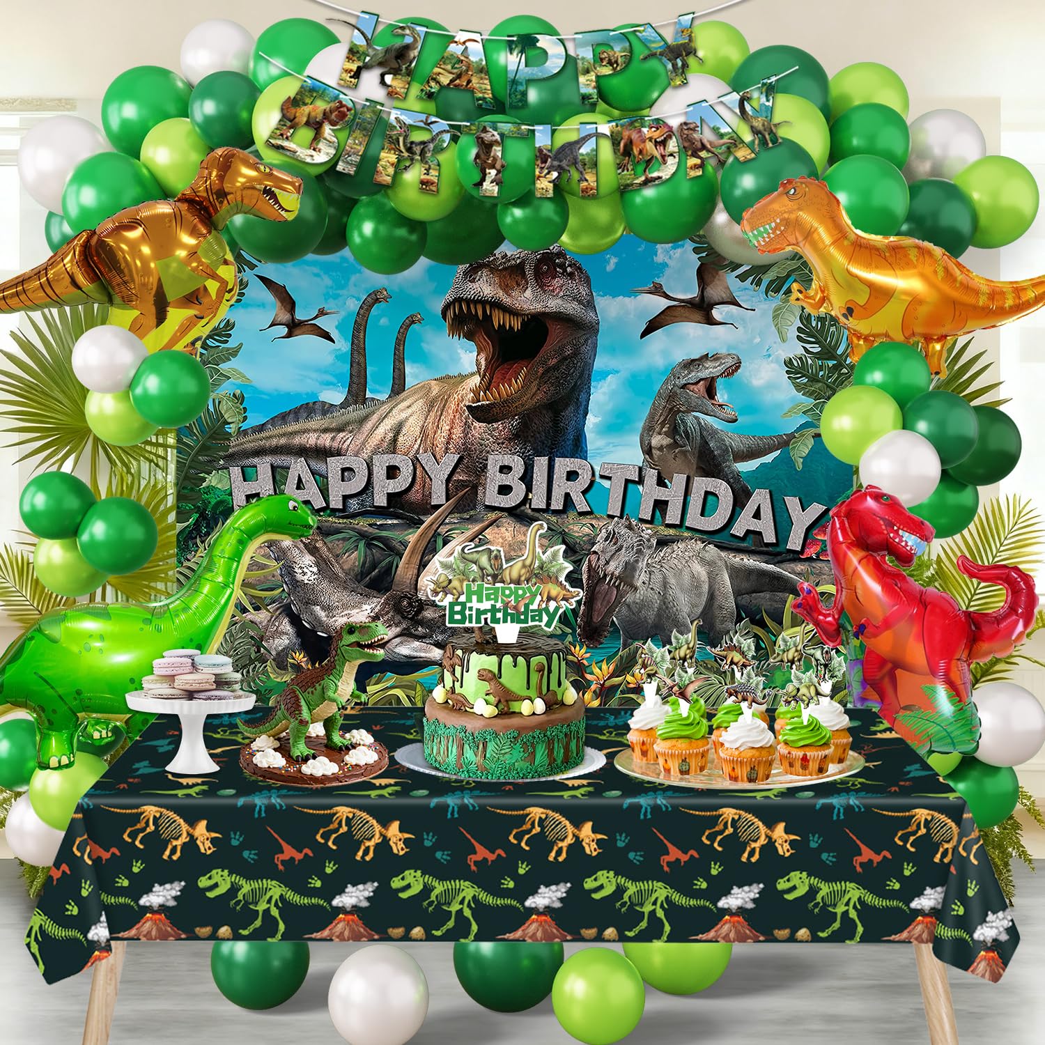 Photo 1 of SPIGHTDEX Dinosaur Birthday Party Decorations Kit for Boys - Dino Party Supplies with Tablecloth, Banner, Backdrop, Cake Topper, Balloons & Stickers for Kids