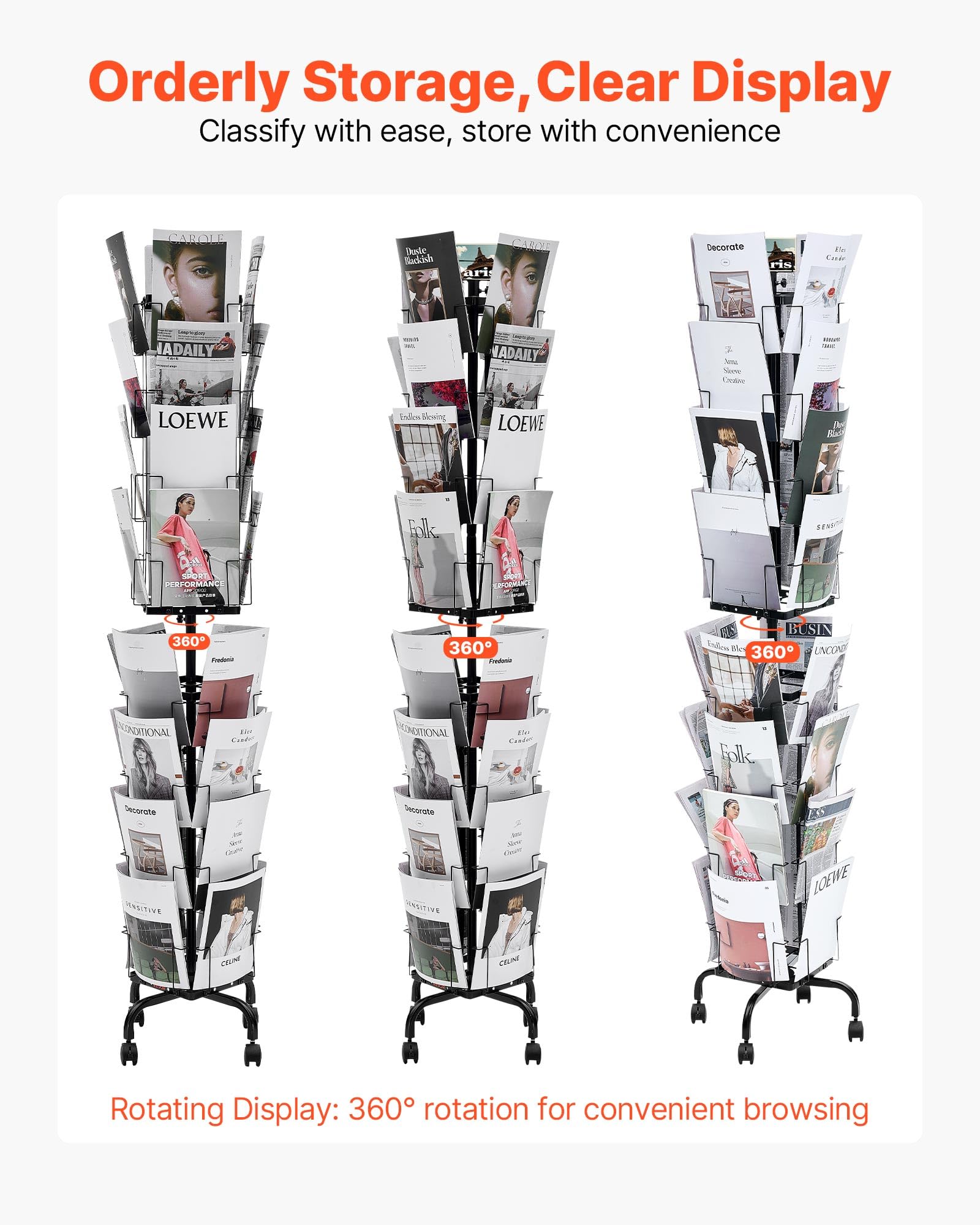 VEVOR Supporto Portariviste da Pavimento Girevole per Brochure e Cartoline con 32 Tasche, Espositore Girevole a 360° con 4 Ruote, Espositore da Terra per Brochure per Mostre, Uffici e Fiere
