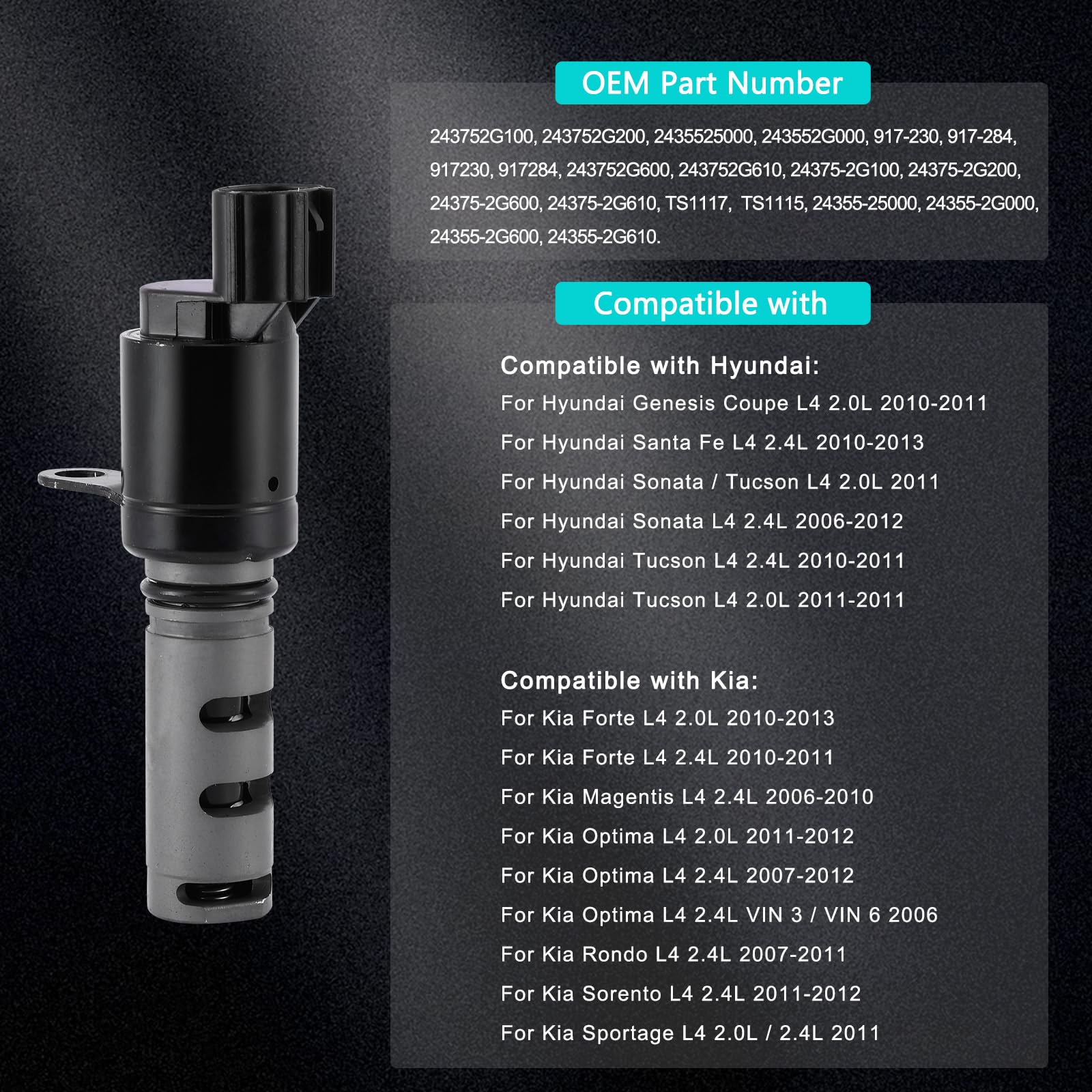 Engine Variable Valve Timing (Vvt) Solenoid For 17-21 Kia Sportage 2.0L 2.4L