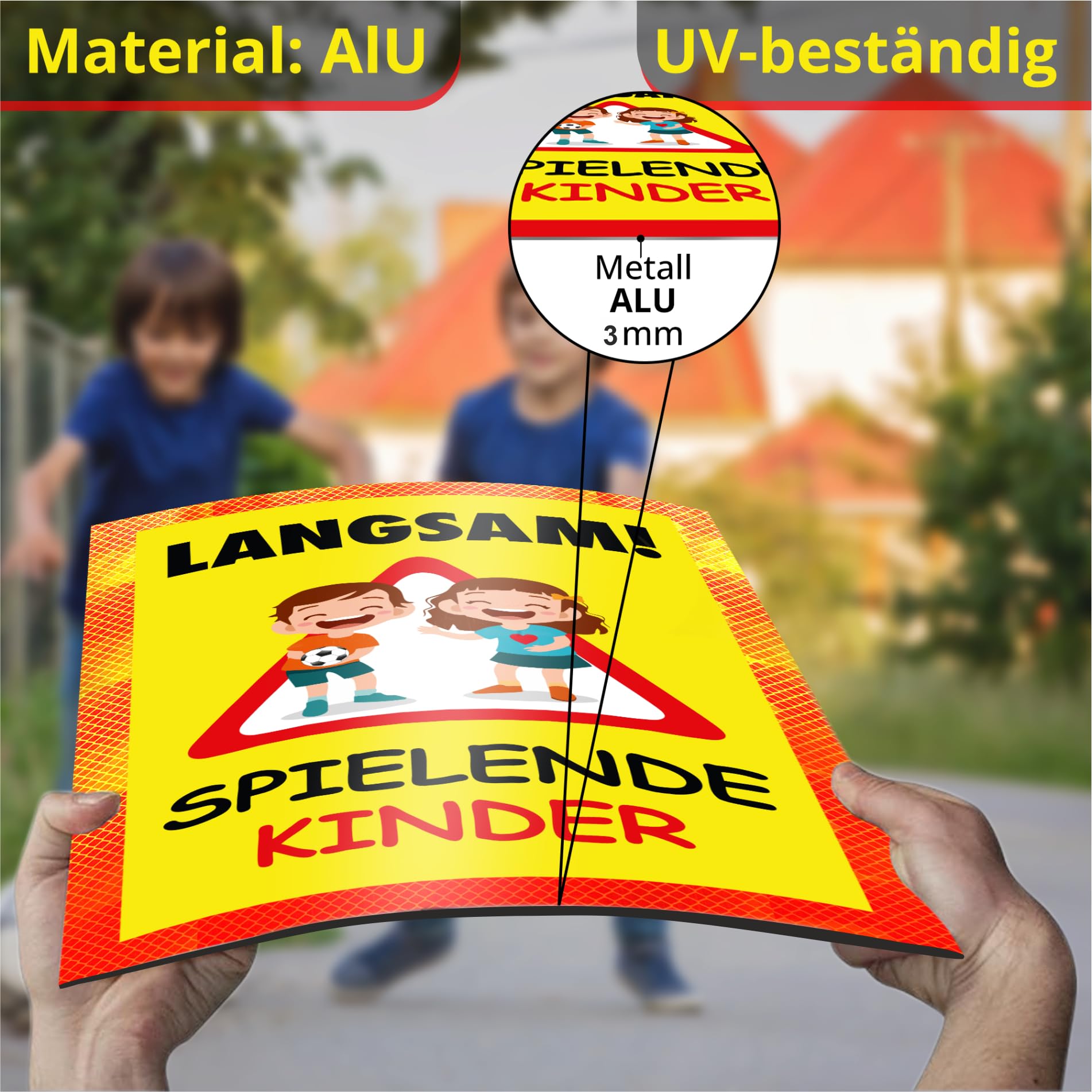 Sachverständigen-Zubehör® Achtung Kinder Sicherheit Schild XXL aus Metall [3 mm] mit Reflektoren [reflektierend leuchtend] Verkehrsschild Warnschild 60 x 40 cm Pylonen Warn Aufsteller Spielstrasse