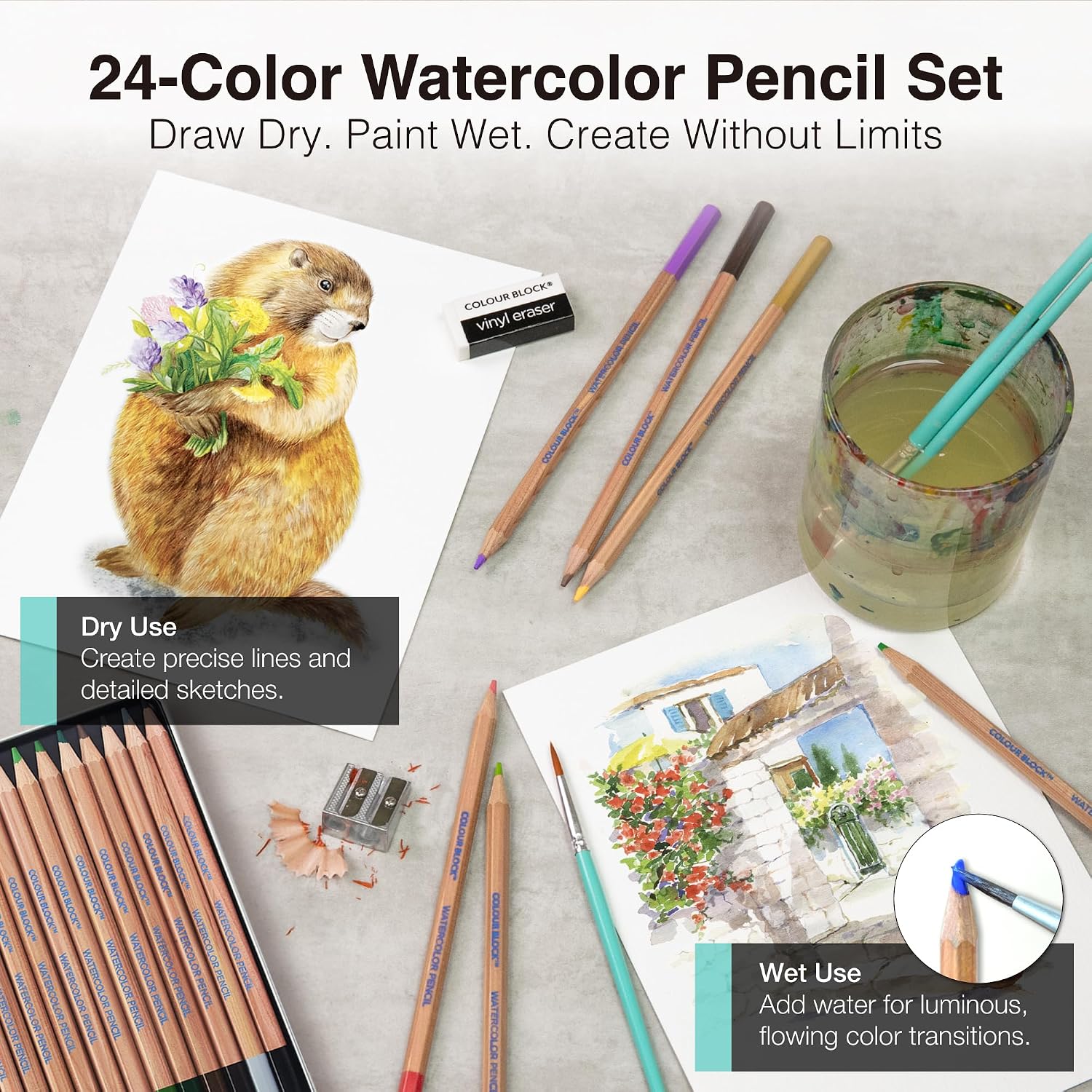 COLOUR BLOCK 24PC Premium Cedar Wood Watercolor Pencil Set with I Ideal pencil kit for Drawing, Sketching, Coloring and Painting travel watercolor pencils