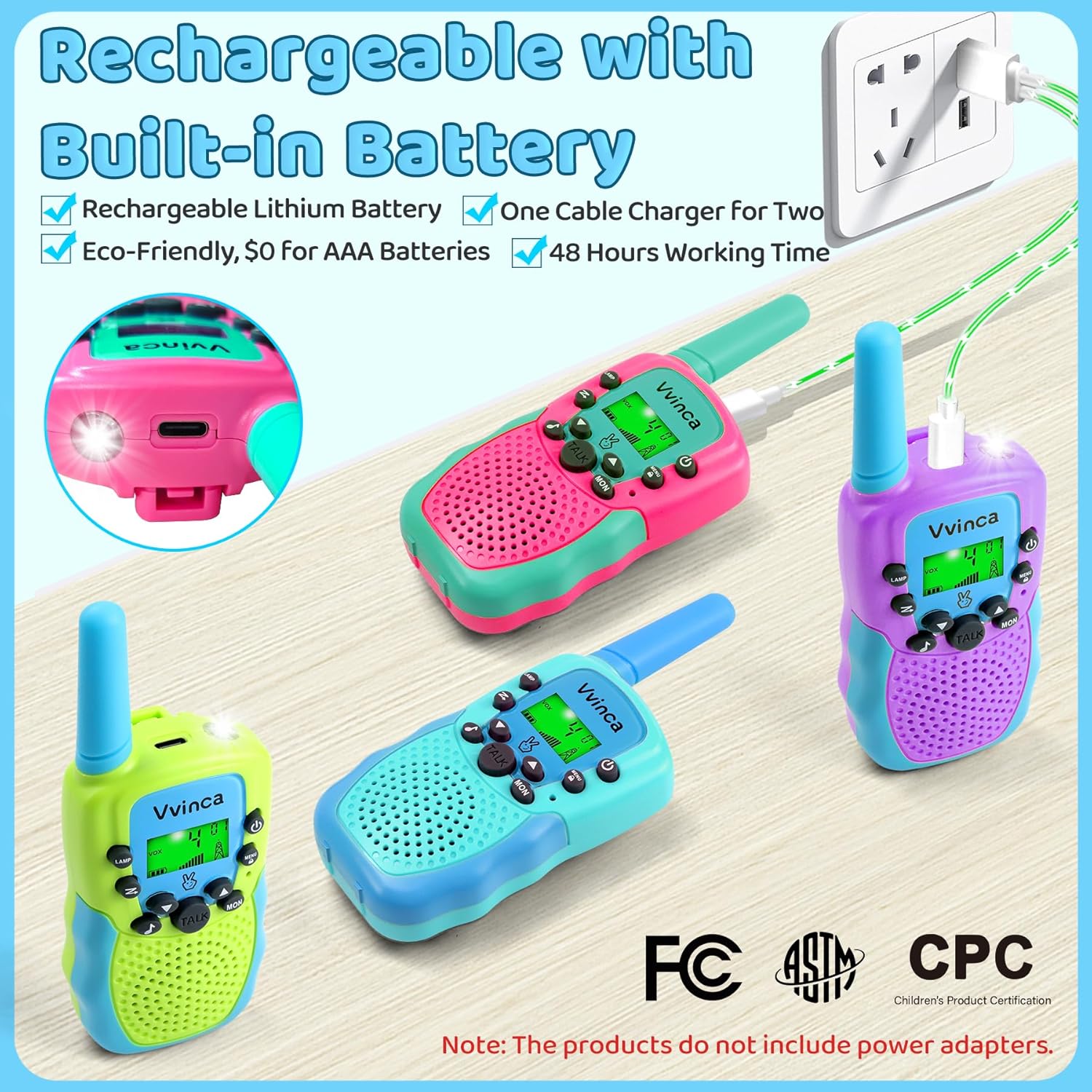 Vvinca Walkie Talkies for Kids Rechargeable 4 Pack, 3 Mile Walkie Talkie Long Range, Christmas Birthday Gift for Age 3-12 Boy Girl with Flashlight 22CH 2 Way Radio for Adventure Camping Outdoor Hiking - Image 2