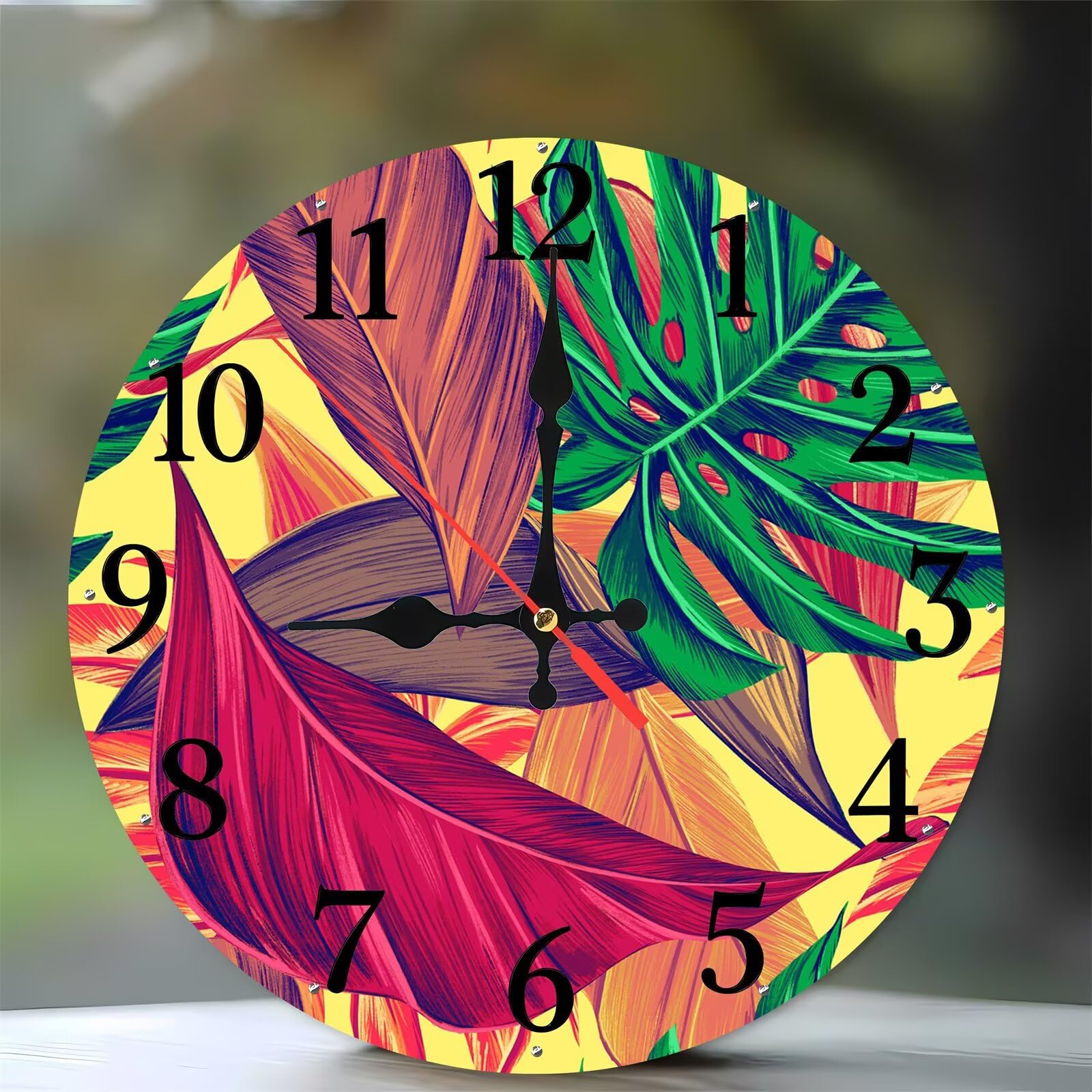 Horloge murale moderne pour cuisine et salon au design feuilles colorées