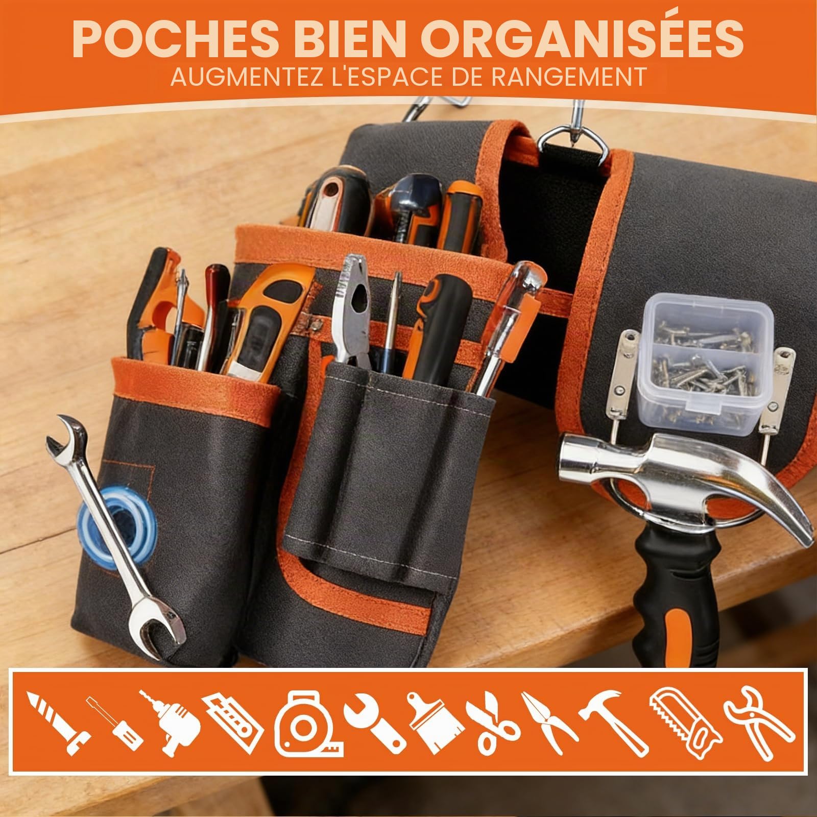 Ceinture à outils Sacoche à Ceinture Avec 26 poches, sacoches à outils Magnétiques pour Hommes, Sacoches à ceinture Amovibles Sacoche à outils pour Artisans (26 poches + bretelles)