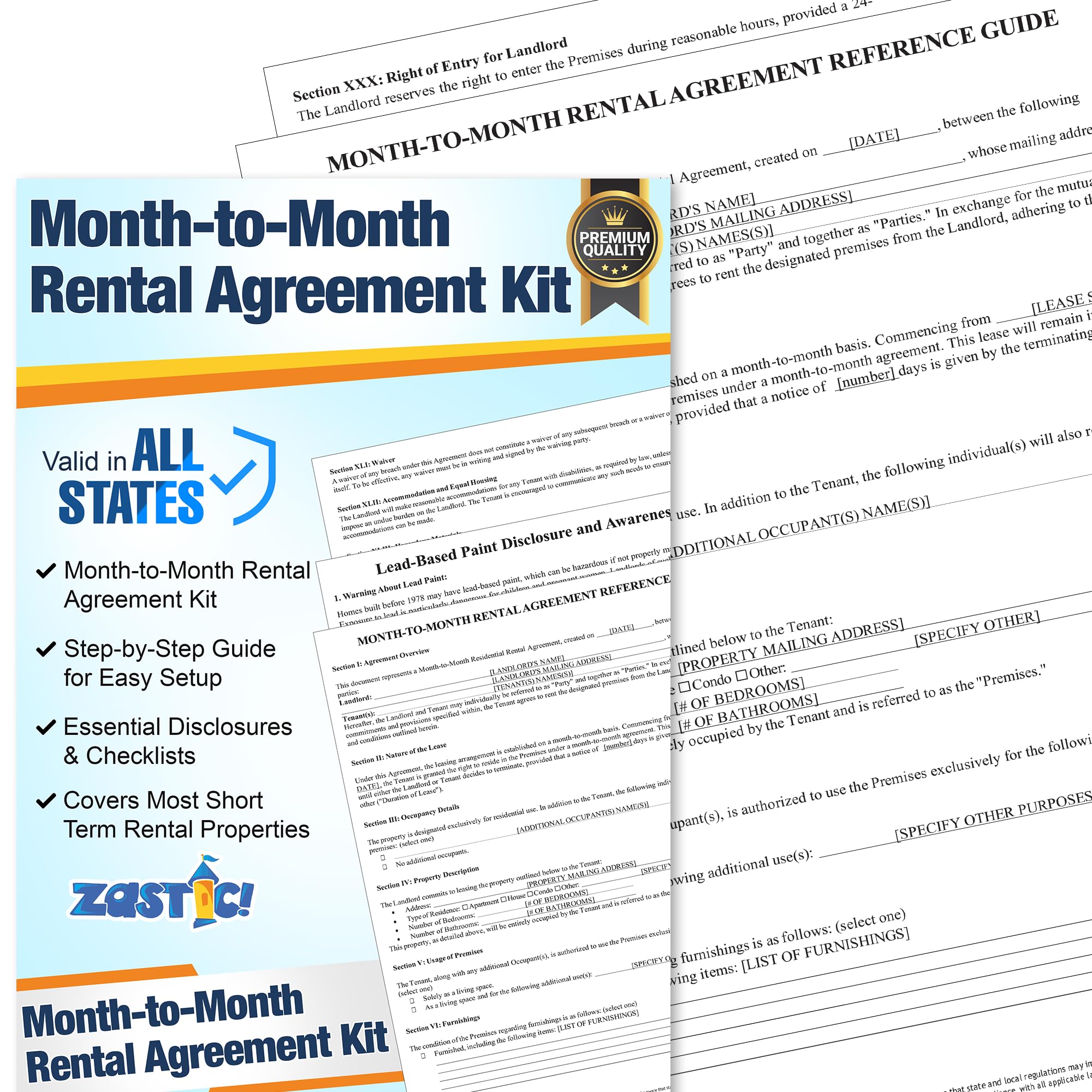 Month to Month Rental Agreement Forms Kit - Comprehensive Monthly Lease Agreement for Rental Property - Includes Reference Guide & 3 Blank Monthly