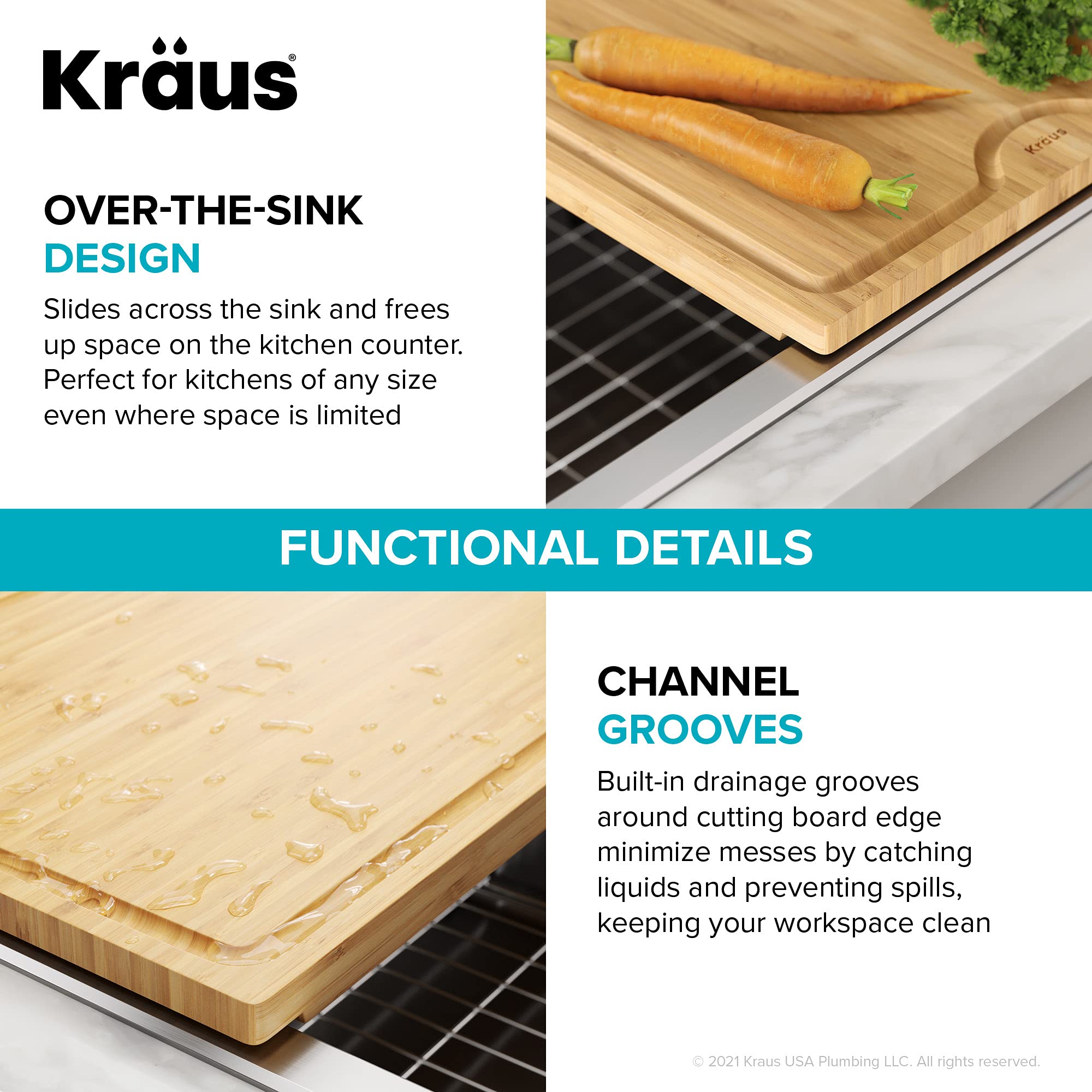 Kraus KCBT-103BB Solid Bamboo Cutting Board with Mobile Device Holder for Standard Kitchen Sink or Countertop (19 1/2 in. x 12