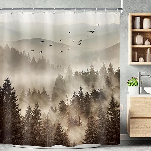 Miniatura 13 de Riyidecor Cortina de ducha de montaña verde rústica para baño, paisaje de bosque, paisaje, tela impermeable, paisaje alpino, decoración de baño