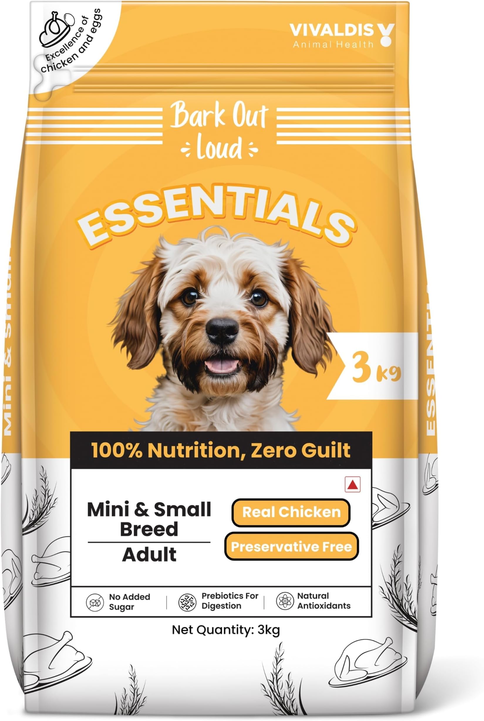 BARK OUT LOUD ESSENTIALS ,Vivaldis - Adult Dry Dog Food, Tailored Nutrition for Mini & Small Breeds, Chicken & Egg Prebiotics, Fish Oil for Immunity (3kg)