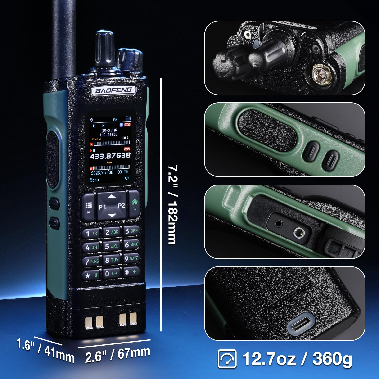 Radio BAOFENG DM-32UV DMR 10W portatile UHF/VHF/AM/FM con GPS e APRS digitale, doppio slot Tier II, display 2", 4000 canali, zielona