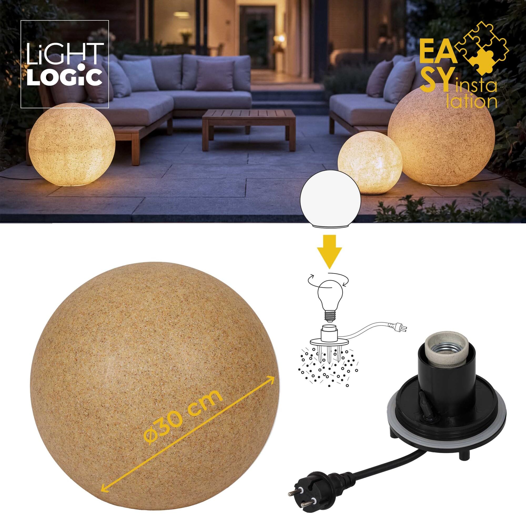 Boule de jardin lumineuse 30 cm Sable IP65, lampe boule extérieure E27 sans ampoule, étanche avec câble 3 m, lumière extérieur LL BELO