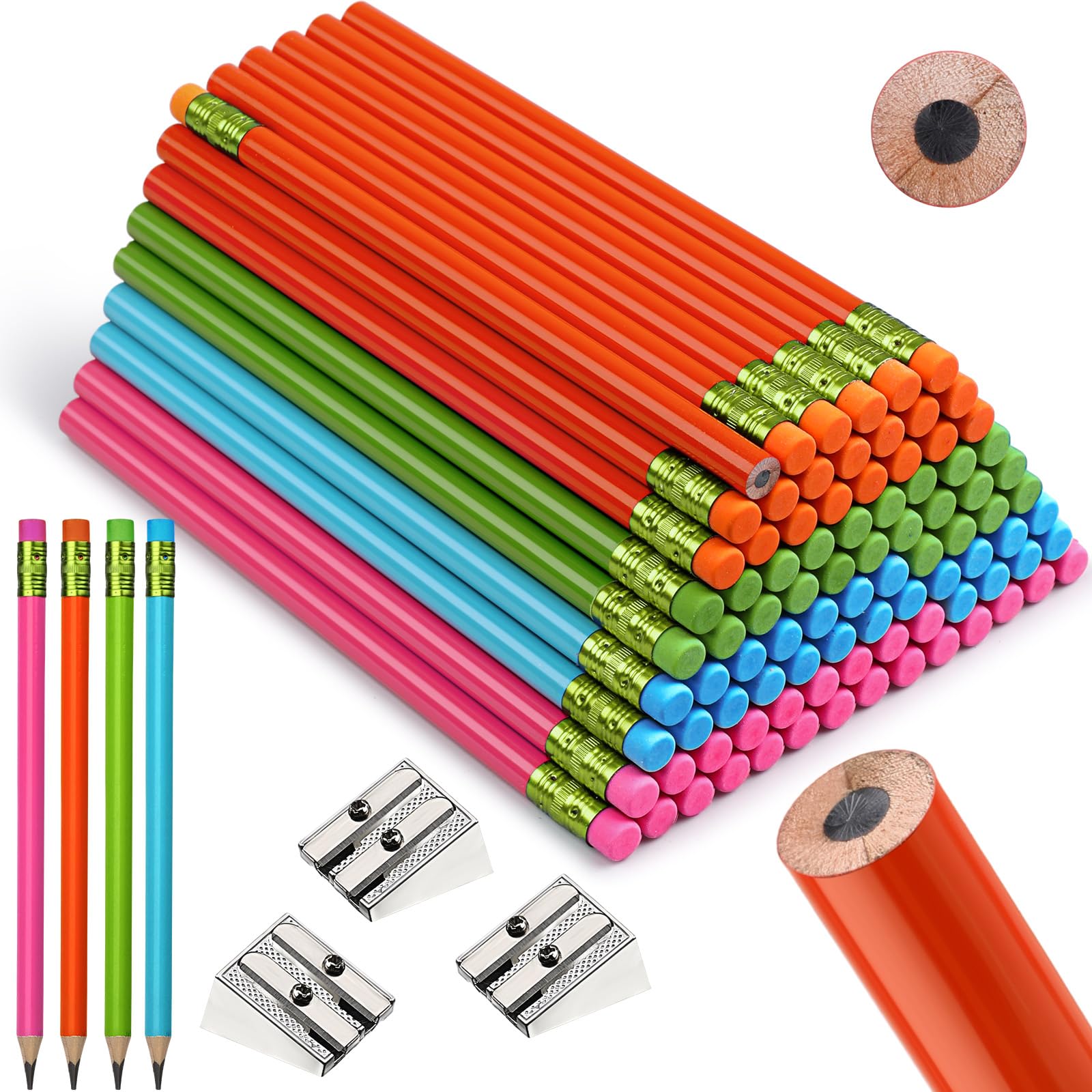 Fainne 102 Pcs Valentine Day Classroom Exchange Gifts Bulk Thick Jumbo Graphite Pencils Set 96 Fat Giant Large Pencils & 6 Sharpeners for Office Home