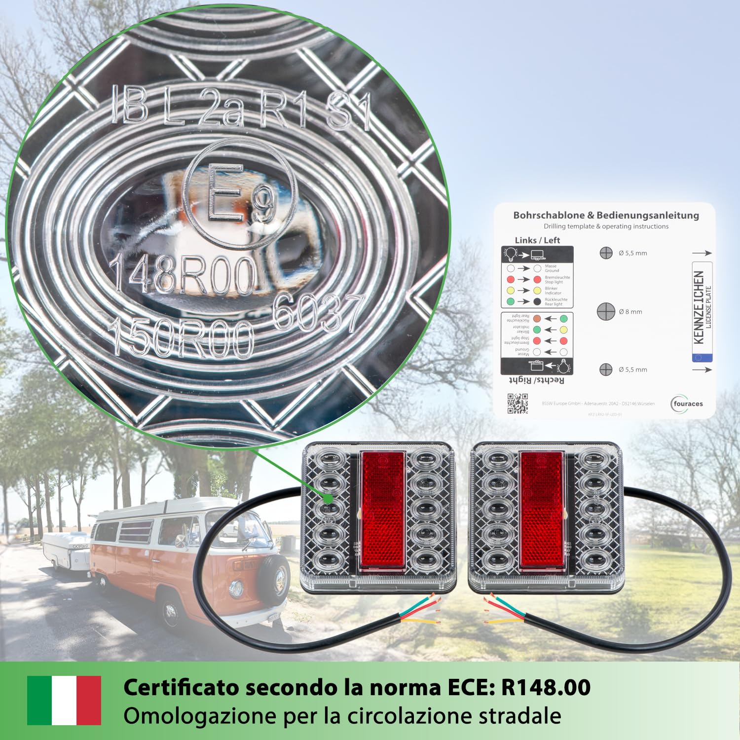 fouraces fanali posteriori a LED per rimorchio - 2 set, con schema elettrico e illuminazione targa, fanale posteriore, trattore, carrello, luce, lampade per auto