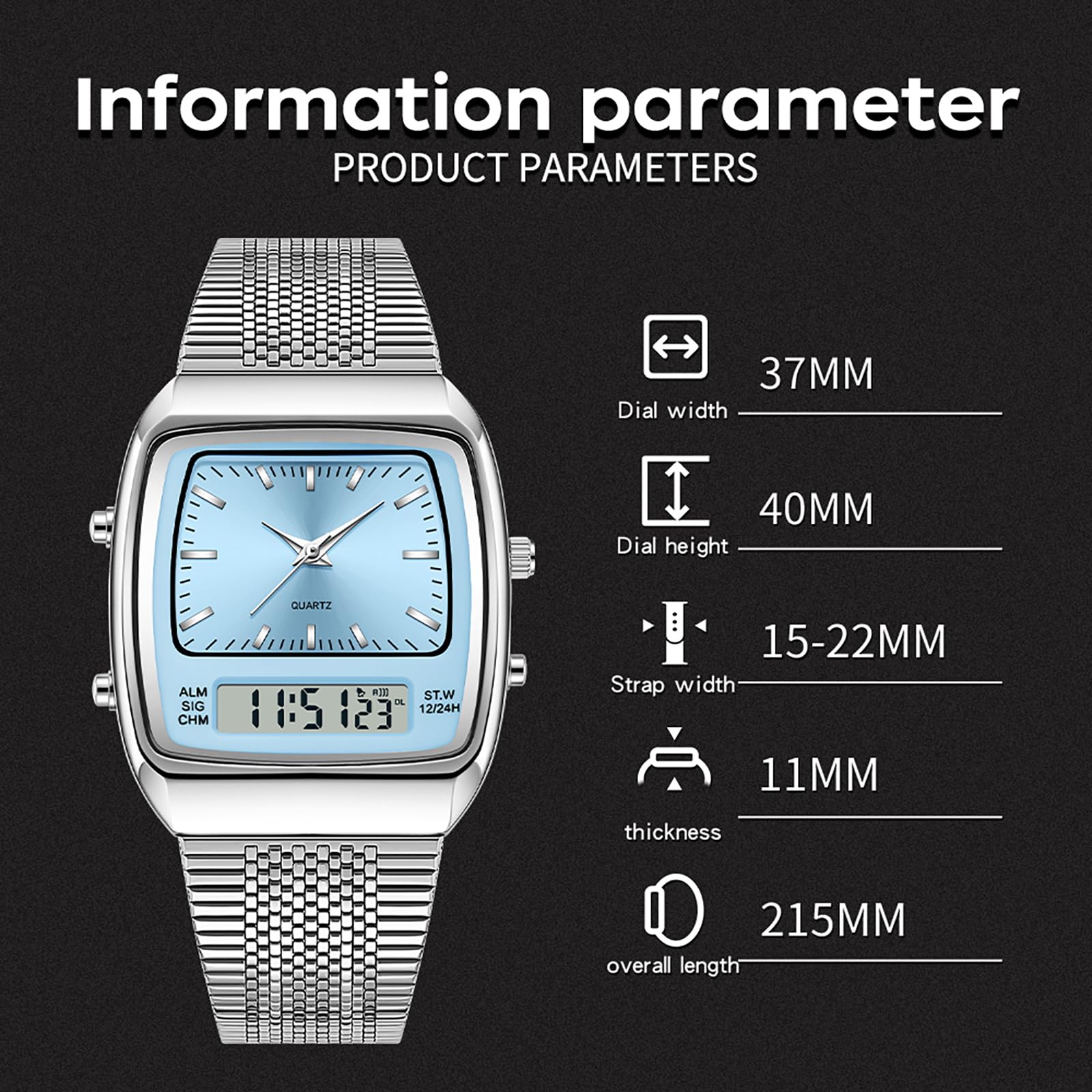 findtime Relojes para hombre y mujer, resistente al agua, analógico, digital, correa única, alarma de negocios, relojes retro, luz de fondo LED, multizona horaria, reloj de pulsera rectangular