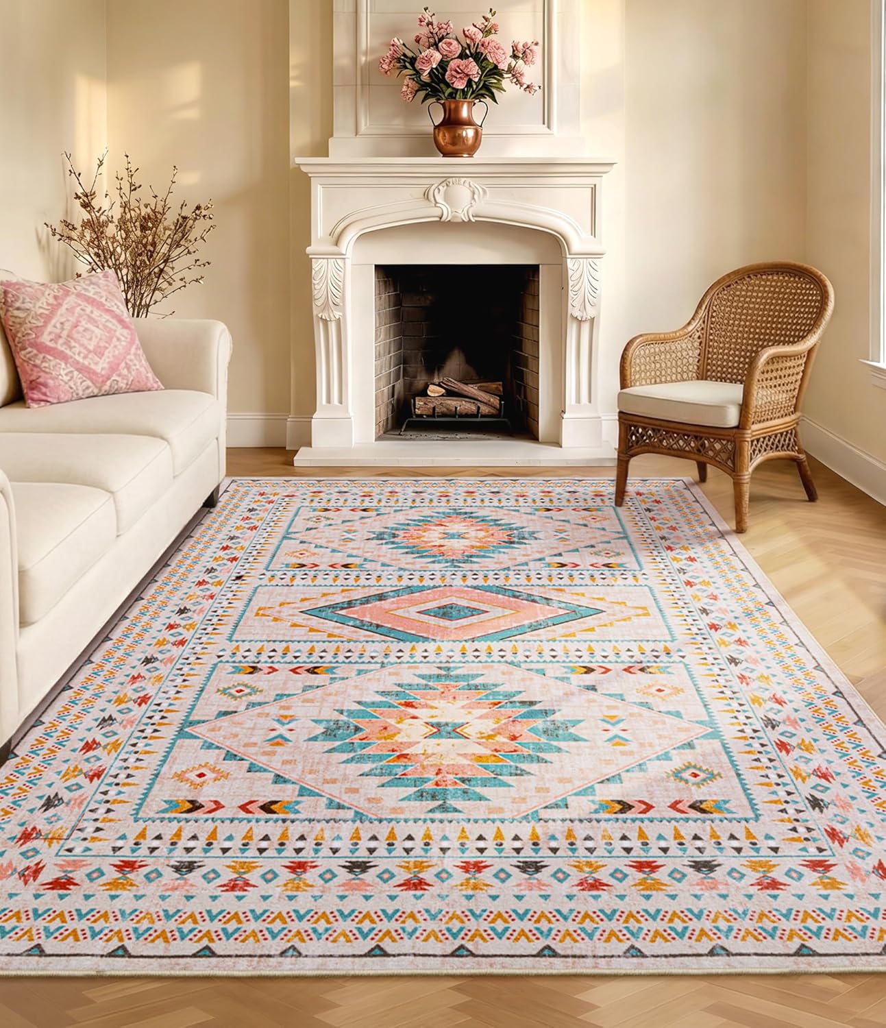 YIHOUSE Boho Area Rug 5x7, Pink Tribal Rug for Bedroom, Soft Non-Slip Washable Rugs for Living Room, Dining Room, Nursery (Pink/Blue, 5'x7')