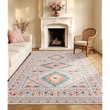 YIHOUSE Boho Living Room Area Rug 5x7, Pink/Blue | Washable, Soft Non-Slip, Low Pile, Non Shedding, Foldable, For Bedroom, Dining Room, Nursery, Geometric Print Pattern