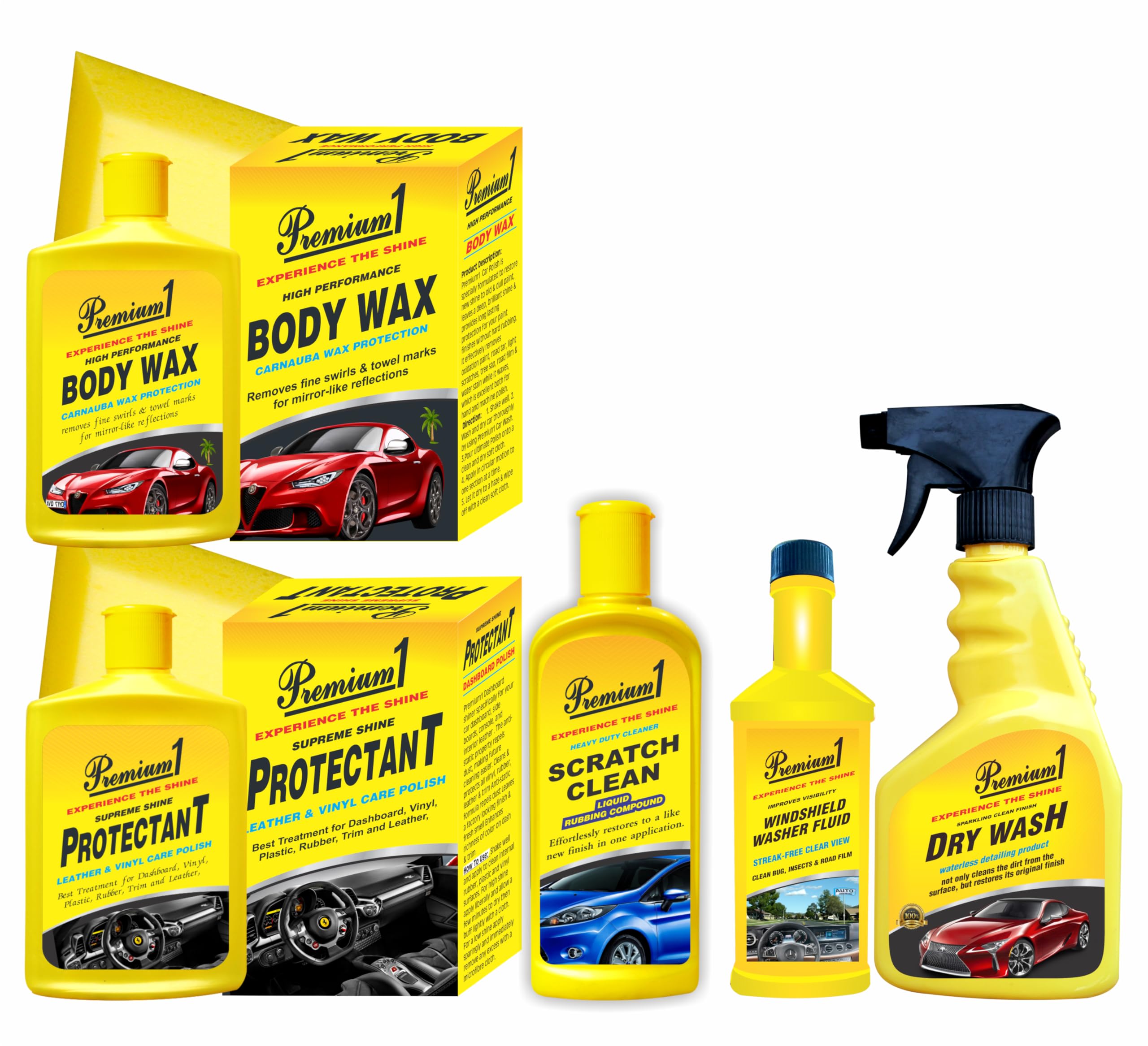 Premium1 Car Cleaning Kit Dashboard Polish 150ml, Body Wax 150ml, Scratch Remover200ml, Wiper 60ml, Dry Wash 500ml Intrier & Extrier Car Care Kit for All-in-one Solution (Pack of 5)-image-41
