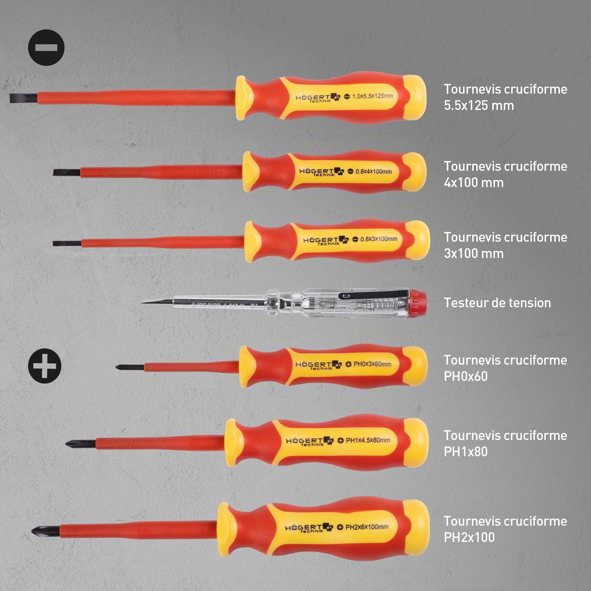 HÖGERT TECHNIK Lot de 12 outils électriciens isolés 1000 V tournevis manuel, tournevis plat et cruciforme, pinces, test de tension, coffret en plastique
