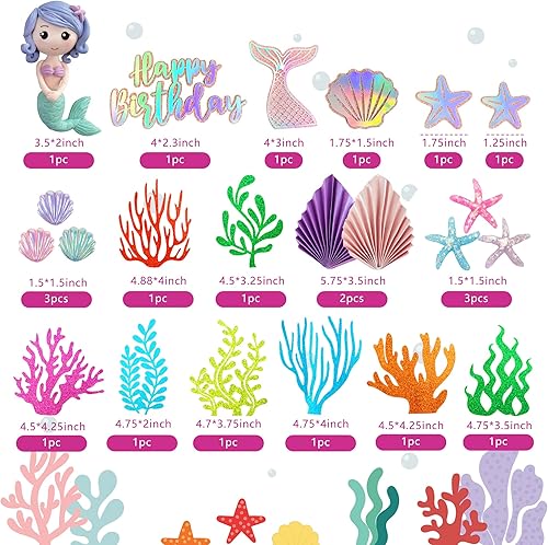 Miniatura 2 de 20 adornos para tartas de sirena con abanicos plegables de algas marinas de sirena 3D, decoración de pastel de estrellas de mar para niños y niñas,