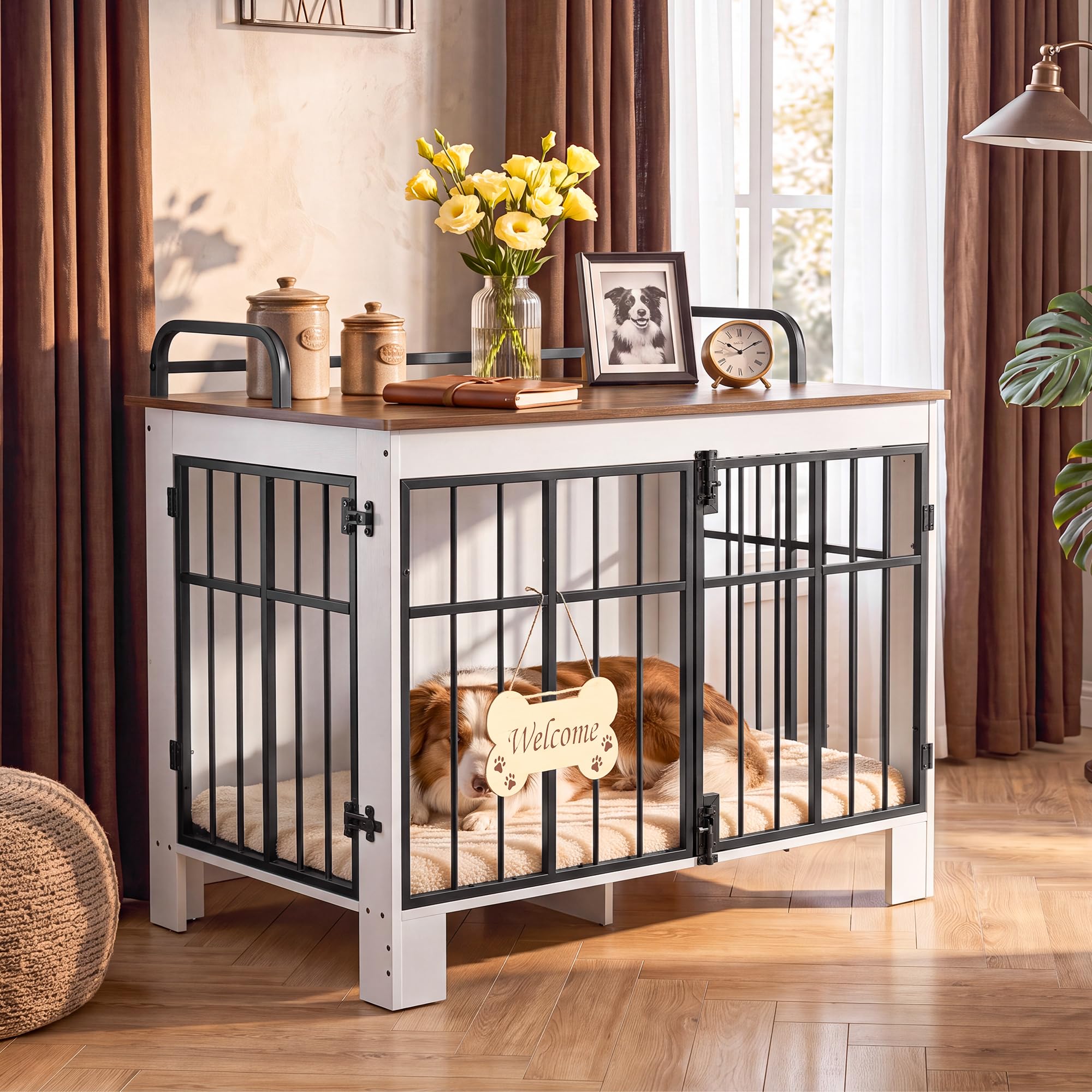 DWVO 100cm Wooden Dog Crate Furniture for Medium & Large Dogs,White Brown