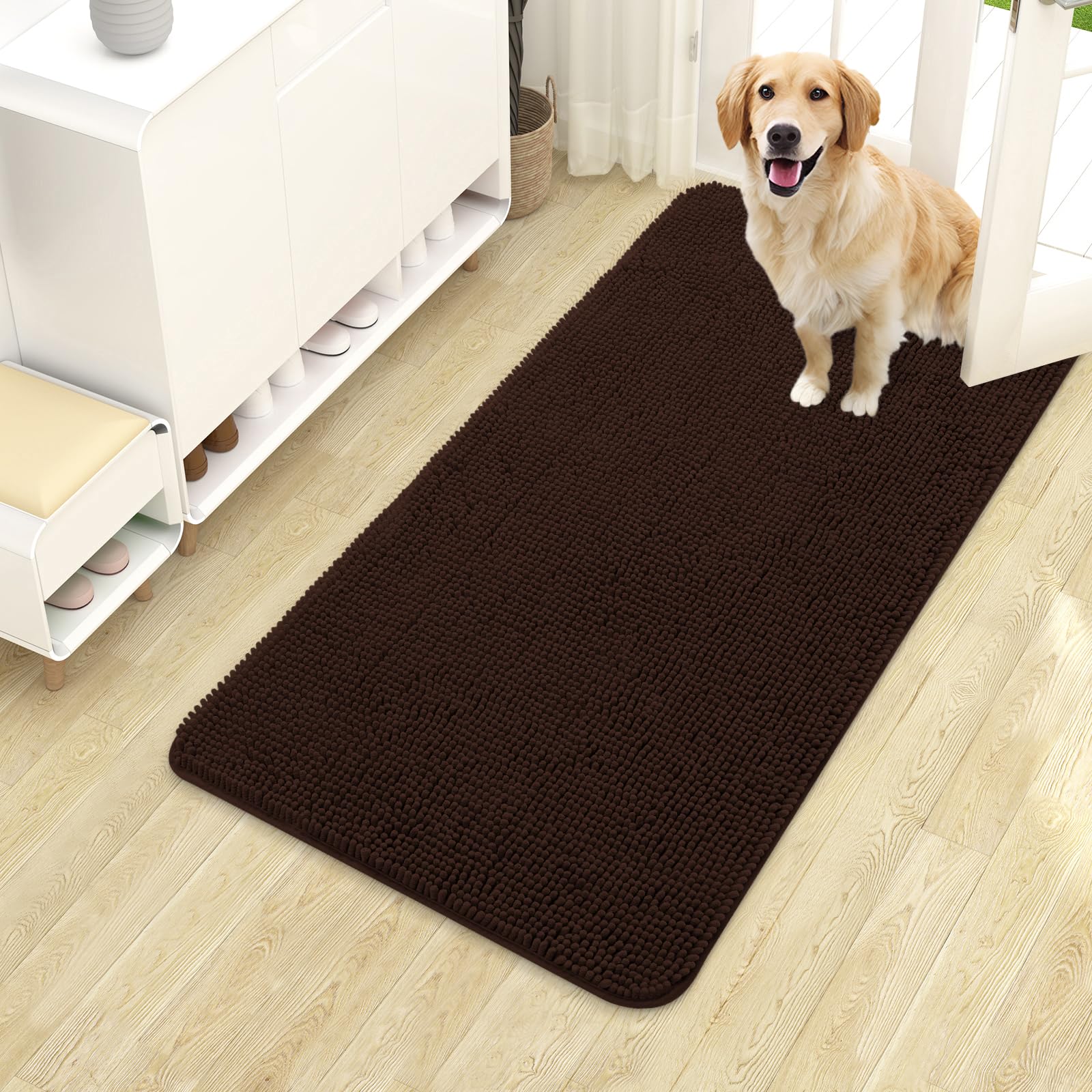 OLANLY Dog Door Mat for Muddy Paws 40x24, Absorbs Moisture and Dirt, Absorbent Non-Slip Washable Doormat, Quick Dry Chenille Mud Mat for Dogs, Entry Indoor Entryway Carpet for Inside Floor, Brown โ image 1