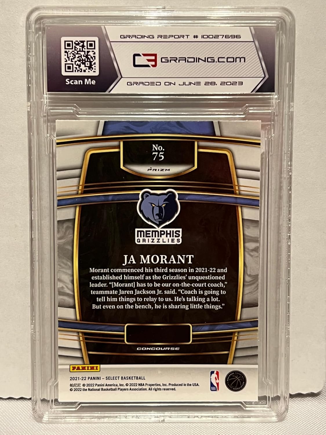 Ja Morant C3 Graded 8.5 Near Mint Orange Flash Concourse Prizm Collectible Basketball Card - 2022 Panini Select Basketball Card #75 (Grizzlies)