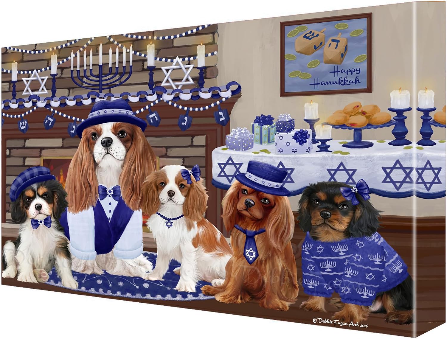 Doggie of the Day Hanukkah Family with Cavalier King Charles Spaniel Dogs Canvas Wall Art - Premium Quality Ready to Hang Room Decor - Flat Rolled 11" x 14"