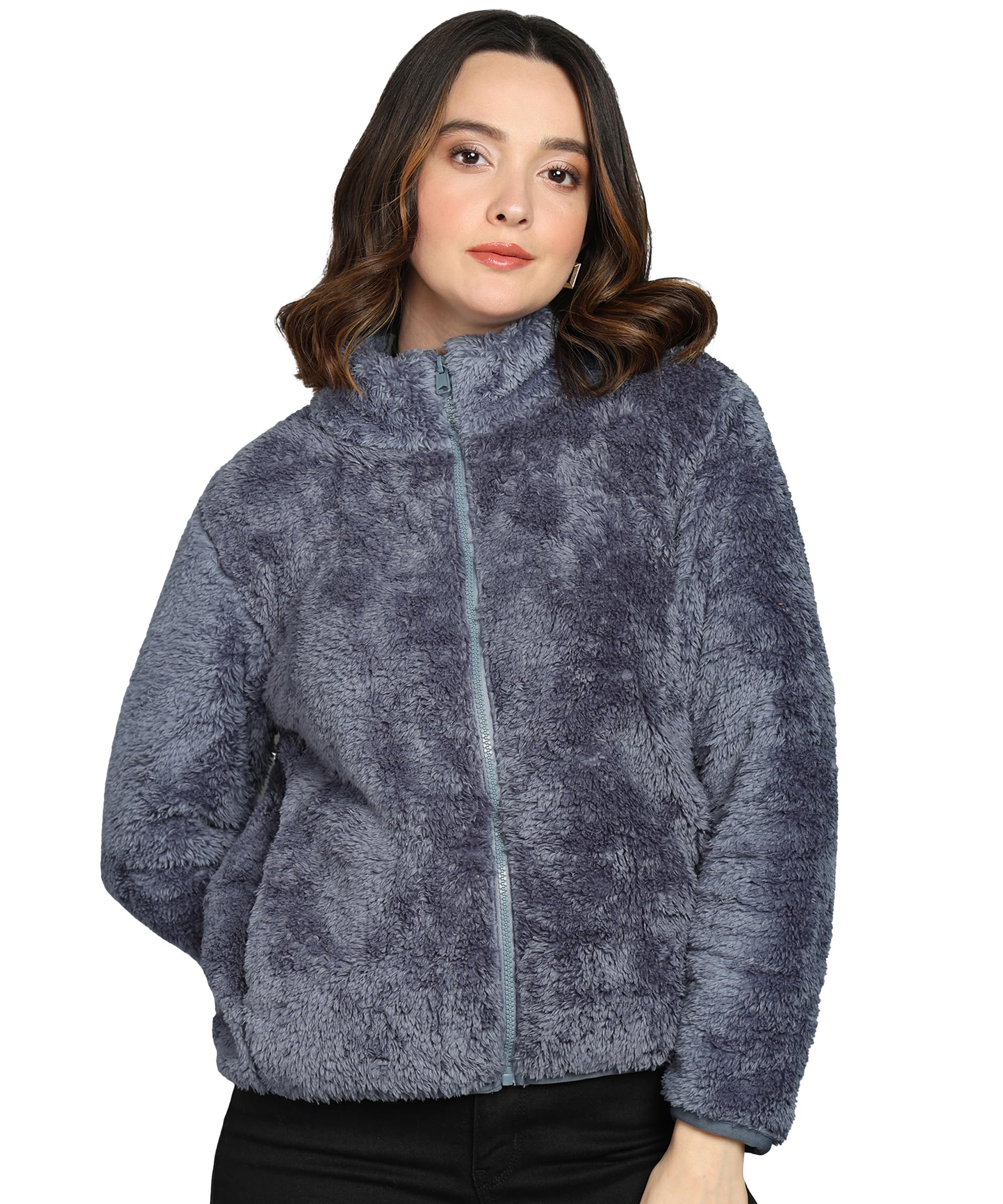 Alan Jones Clothing Women’s Fluffy Yarn Fleece Full-Zip Jacket | Soft Lightweight Warm Outerwear with Stand Collar & Piping at Hem & Cuffs-picture-12
