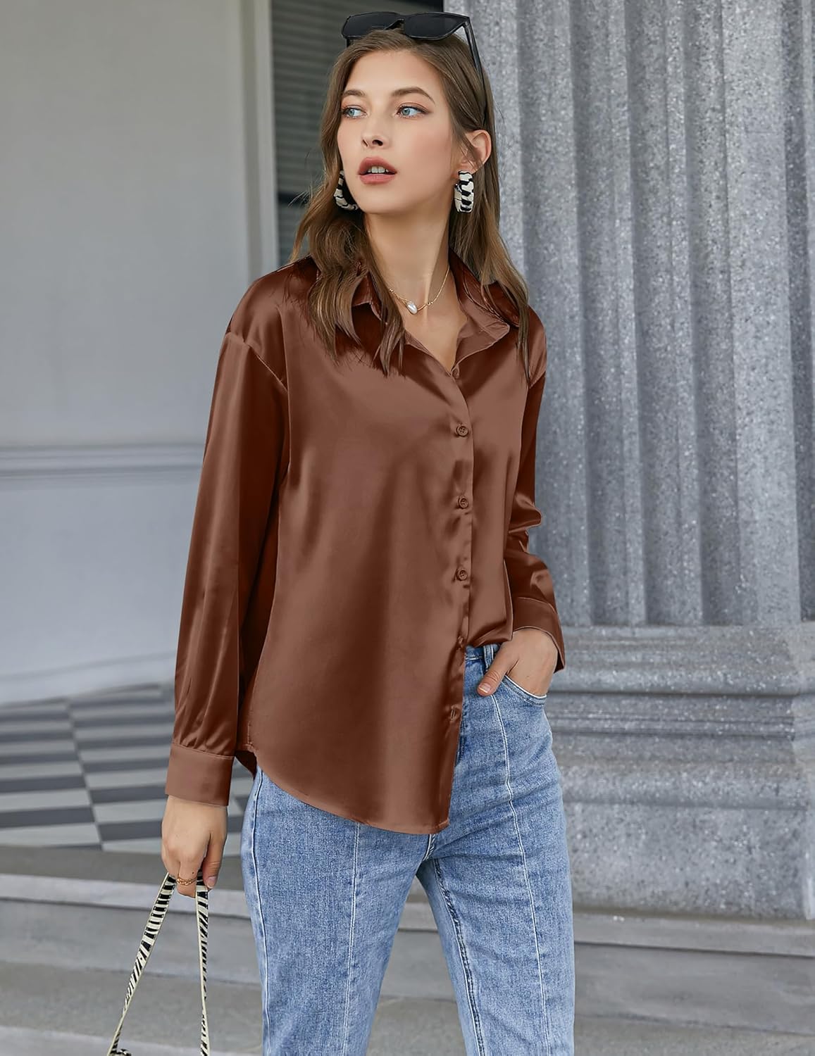 Chigant Women's Blouse Satin Silk Shirts Button Down Shirts Casual Loose Long Sleeve Office Work Tunic Tops - Image 4