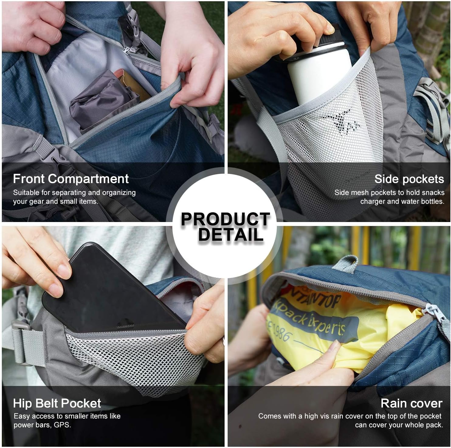 MOUNTAINTOP 55L Hiking Internal Frame Backpack Backpacking for Men with Rain Cover 5820-black-55l 55L