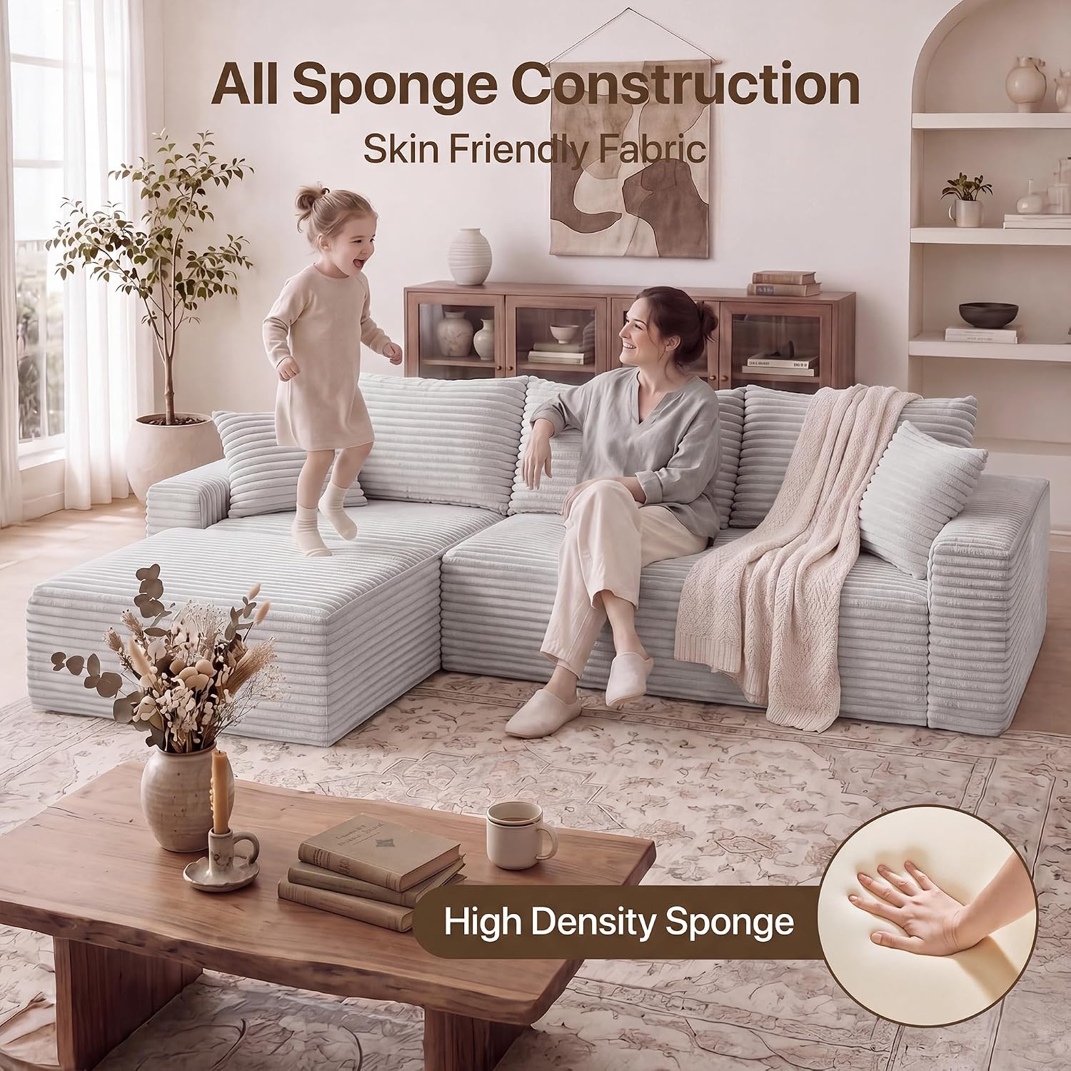  94" Boneless Couch, L-Shape Corduroy Sectional Sofa, Light Grey | Flexible Module Combination for Living Room, No Assembly, Deep Seat,Stain Resistant Abrasion, Apartment, Includes 1 Ottoman thumbnail