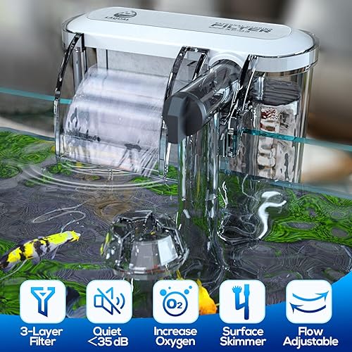 Miniatura 2 de Filtro de acuario con desnatador de superficie, filtro de tanque de peces pequeño de 10 galones, filtración de 3 capas, flujo de agua ajustable,