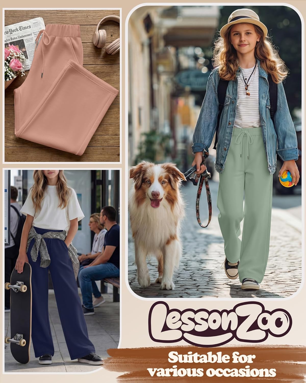 3 Pack Girls Wide Leg Sweatpants Kids Drawstring High Waist Baggy Pants Teen Athletic Trousers with Pockets - Image 4