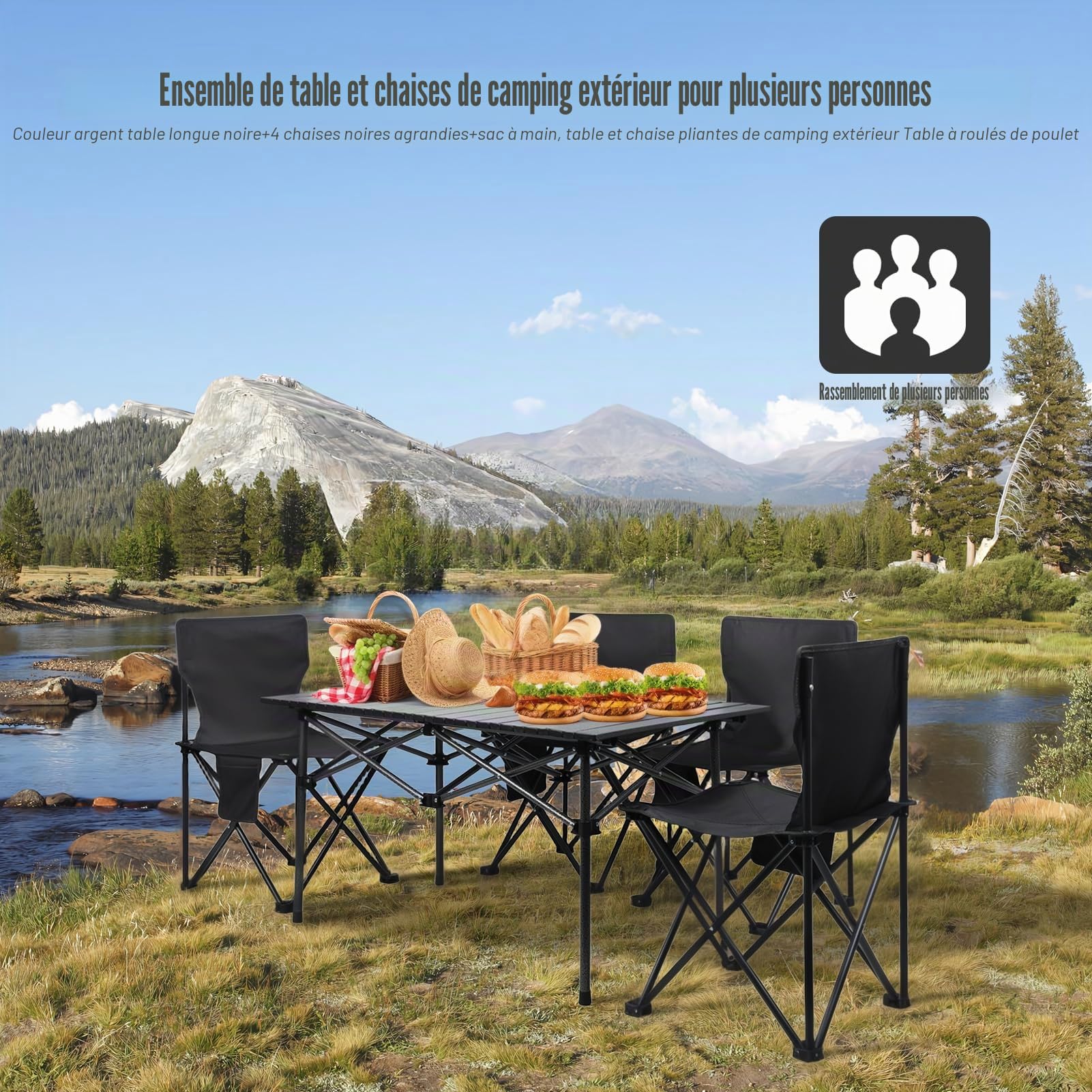 Hislaves Lot de 4 tables de camping pliantes avec chaises, table de pique-nique portable, table de jardin et chaises, ensemble de pêche, barbecue, table de randonnée avec grand organisateur de