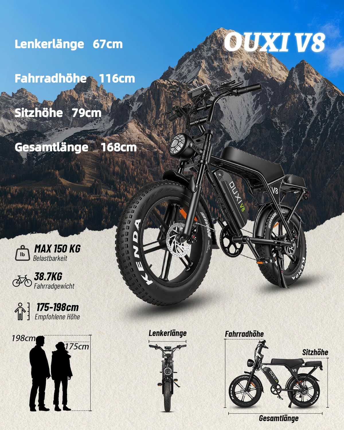 OUXI E-Bike 250W Motor Elektrofahrrad 20" x 4.0 Fatbike Hydraulische Scheibenbremsen NFC-Entsperrung 60Nm Drehmoment Vorne & Hinten Gepäckträger