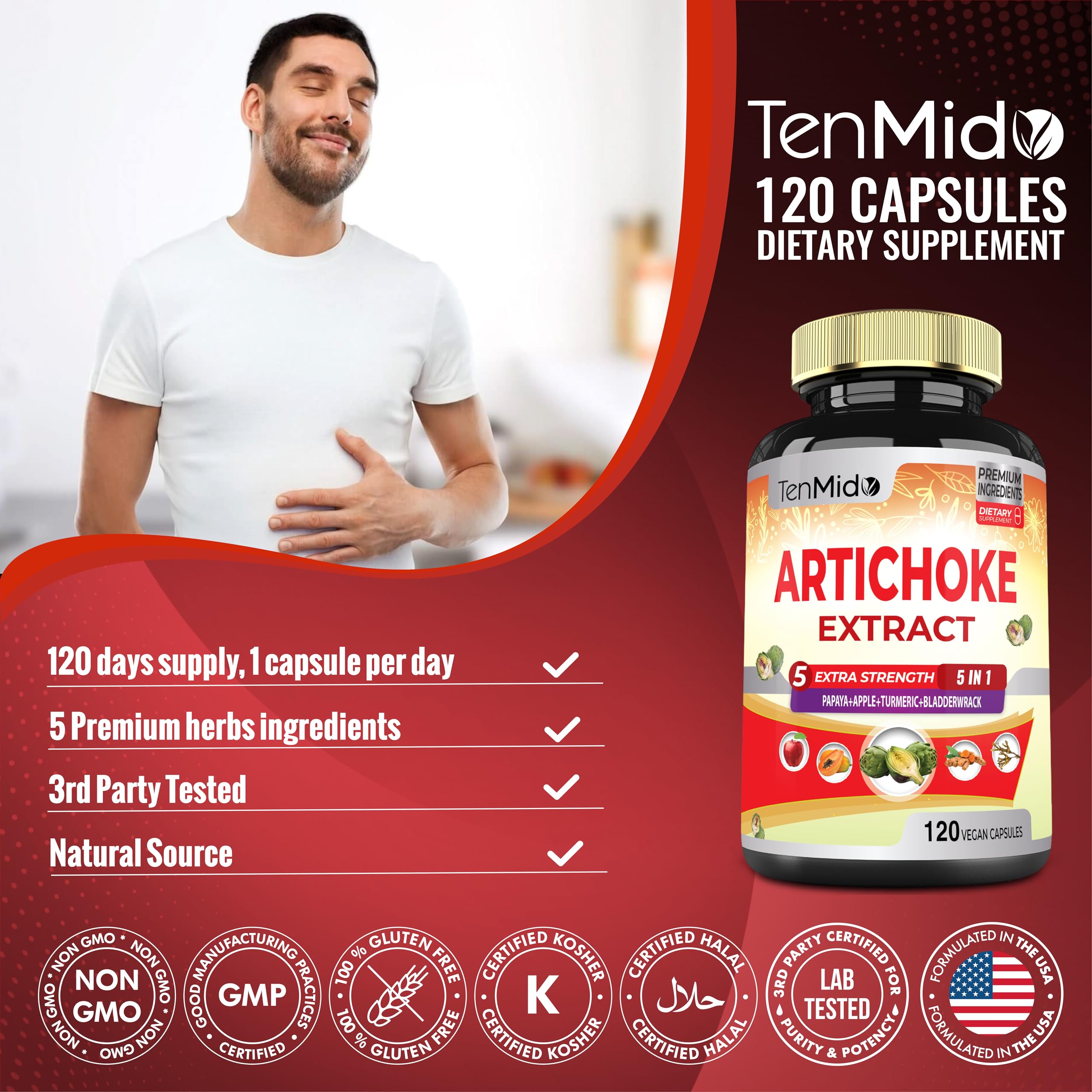 Artichoke Supplement Extract Capsules, 4 Months Supply with Papaya, Apple Pectin, Turmeric Curcumin, Bladderwrack - Supports Digestion Function - 120 Vegan Capsules — Amazon image 6