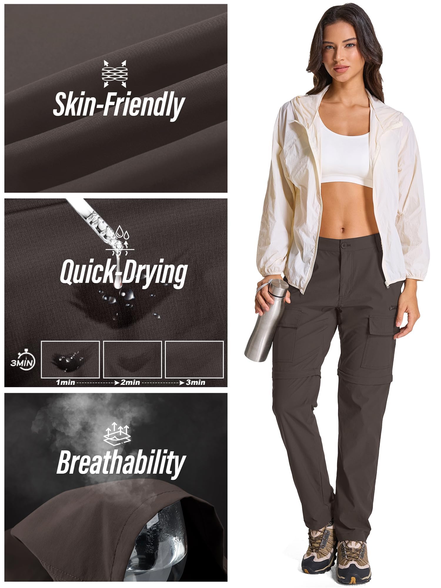 Jessie Kidden Pantalon cargo de randonnée convertible léger à séchage rapide UPF 50+ fermeture éclair pour femme