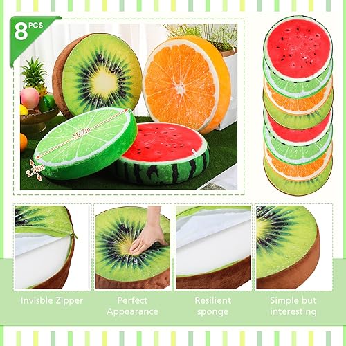 Miniatura 2 de Coume 8 almohadas redondas de frutas de 15.7 pulgadas, cojines de suelo 3D sandía, kiwi, limón, naranja, cojines decorativos para silla, asiento de