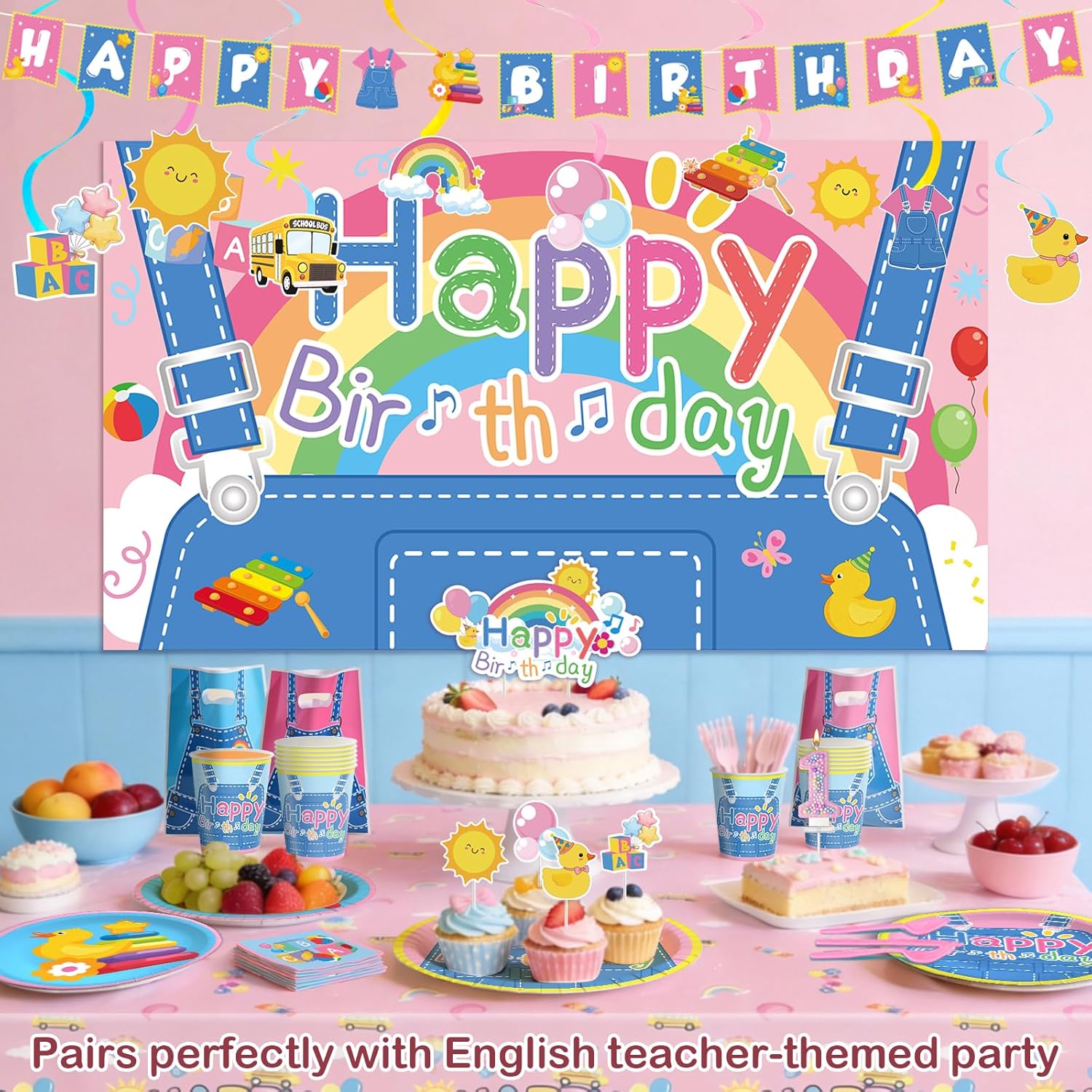 Cartoon English Teacher Party Supplies, 70 pcs Happy Birthday Decorations, Banner Balloons Tablecover Cake & Cupcake Toppers Hanging Swirls Gift Bags Backdrop for Girls Boys Birthday Classroom Decor