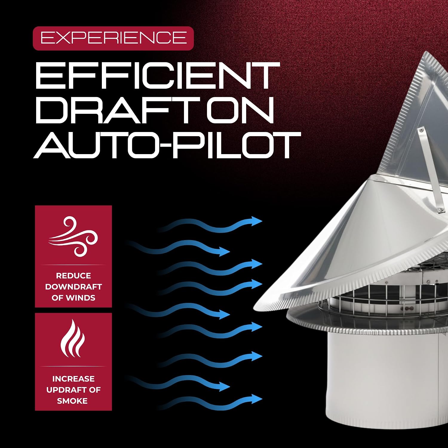 Chimcare Wind Directional Chimney Cap – Stainless Steel, Wind-Driven Cover for Non-Air Cooled Chimneys, Easy to Install, USA-Made, 6” Round