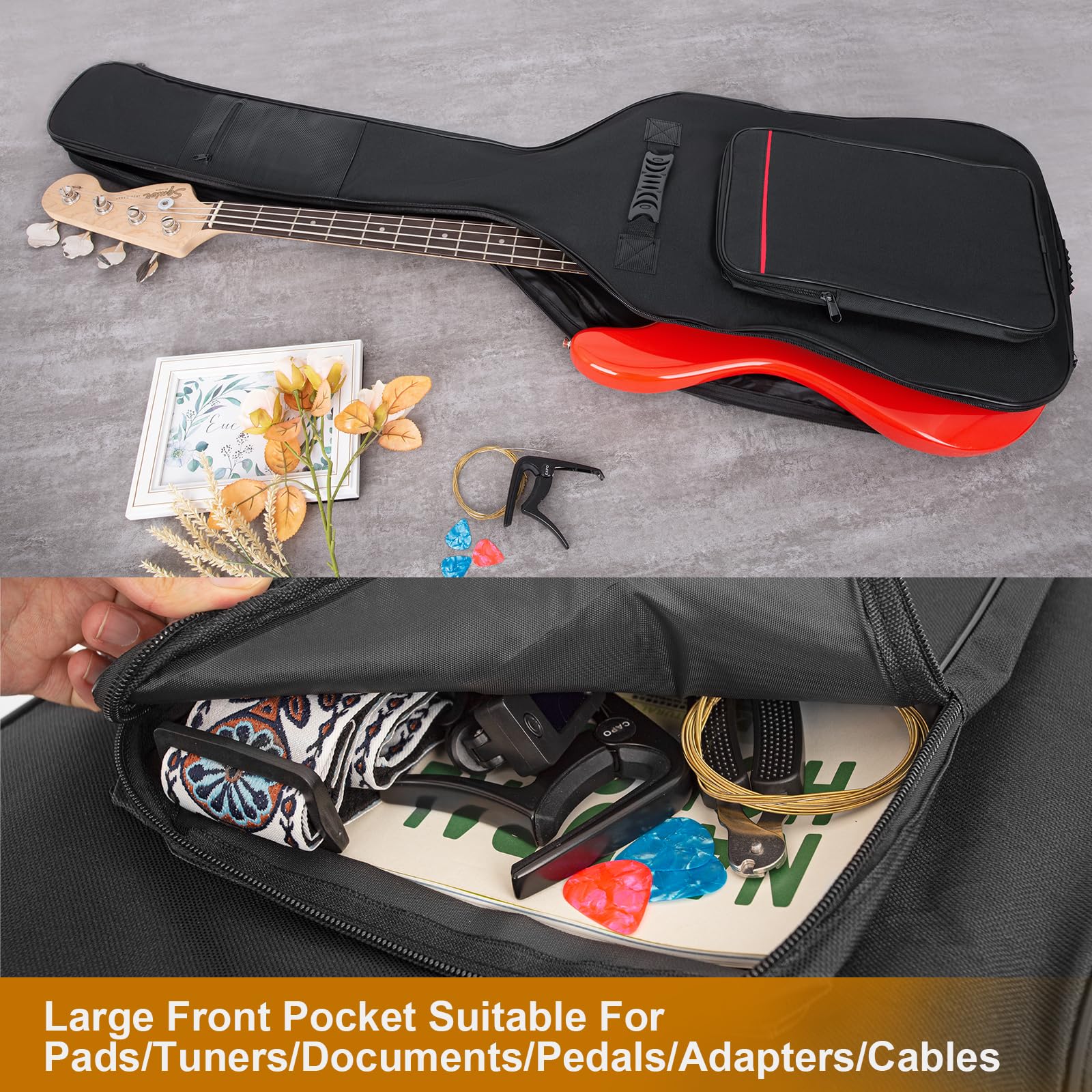 LETSROCK Bassgitarrenkoffer 8 mm Polsterung Bassgitarrentasche wasserdichte E-Bass-Tasche, E-Bass-Gigbag Basskoffer Rucksack mit Nackenriemen und Taschen