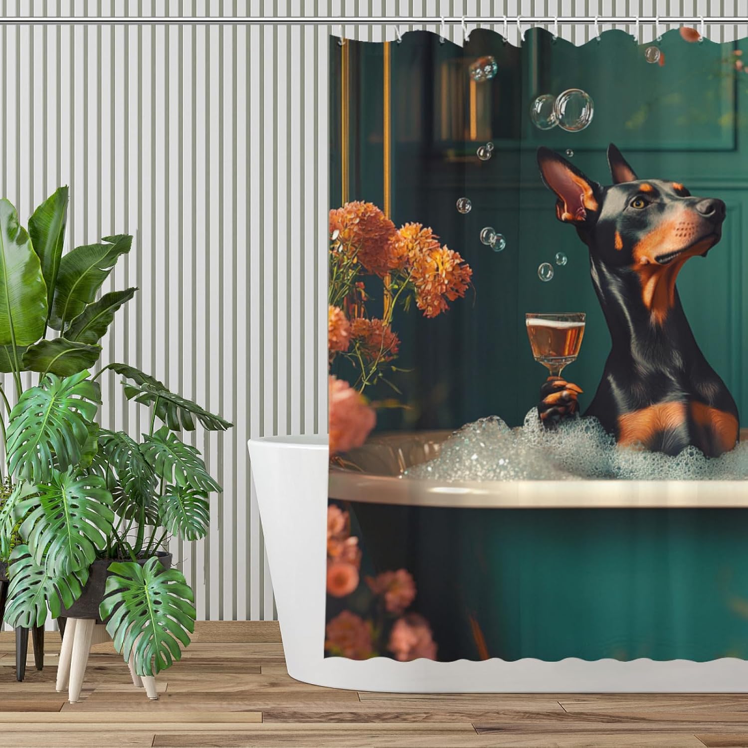 NGZ Funny Doberman Teal Shower Curtain, SPA with Wine, Green Shower Curtain, 72x72 Inches Shower Curtains for Bathroom, Bath Curtains Set with 12 Hooks