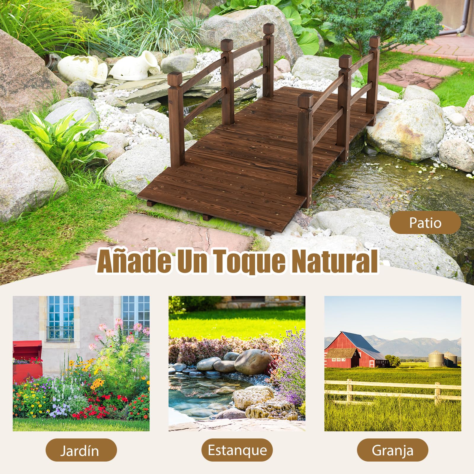 COSTWAY Puente de Jardín Madera, 171 x 76,5 x 58cm, Puente de Pie Decorativo Carbonizado con Barandillas de Seguridad, Carga 180 kg, Madera de Abeto, Jardín, Patio, Granja