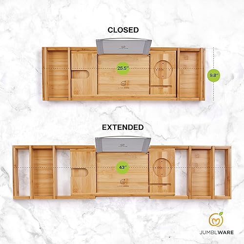 Miniatura 4 de Bandeja de baño de bambú. Bandeja de baño de lujo con asas, estante para libros, soporte para copas de vino, jabonera y ranuras para teléfono y