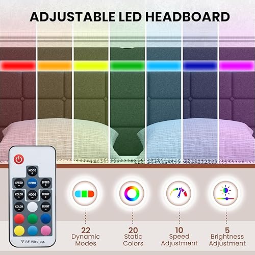 Miniatura 3 de Giantex Base de cama matrimonial con luces LED y 4 cajones, base de cama de plataforma tapizada con puertos USB, diseño de cabecera ajustable